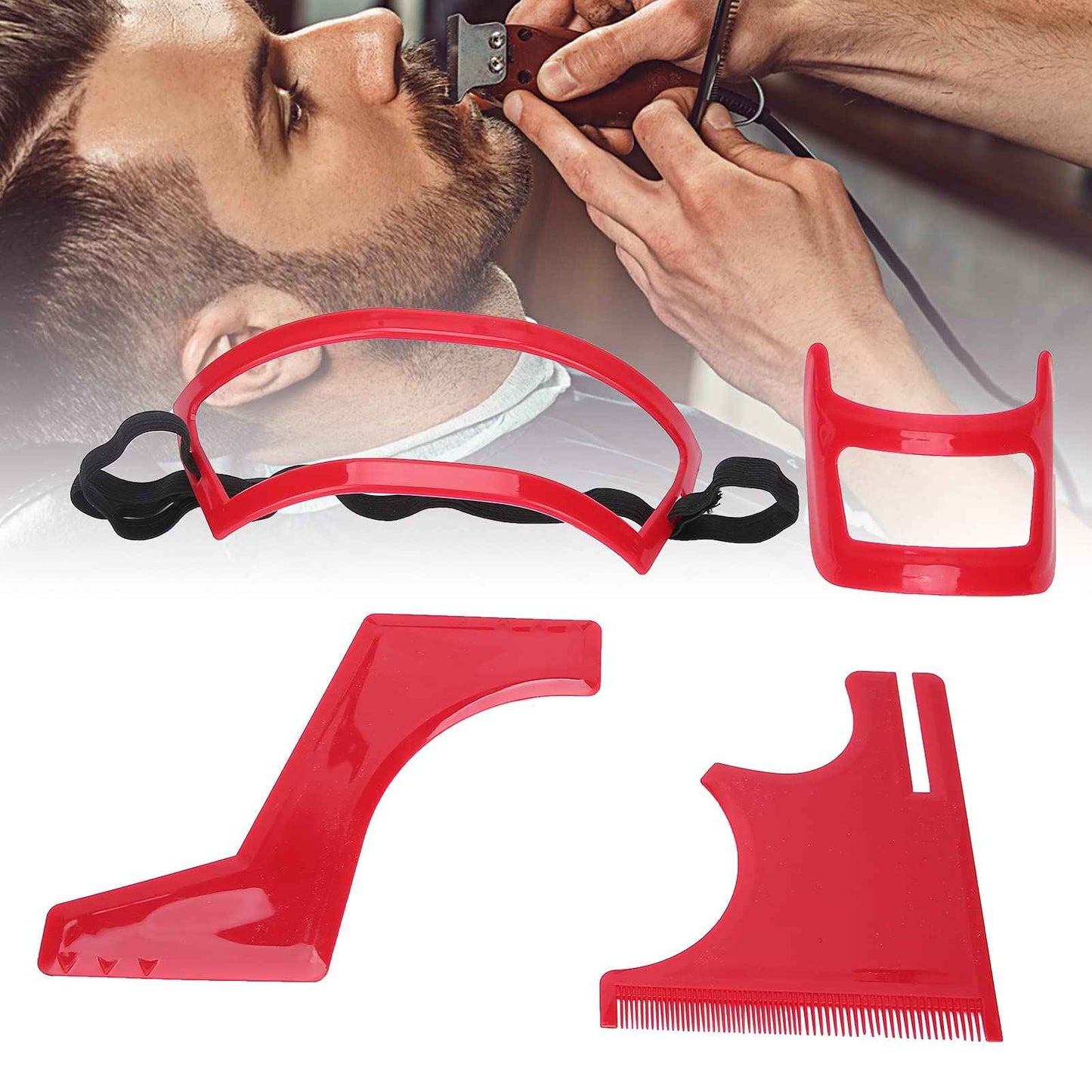 Deosdum 4 Pcs Haircut Tool Kit Hairline,Beard Shaping Tool,Beard Styling Cutting Hairline Grooming Red Plastic Beard Template Set