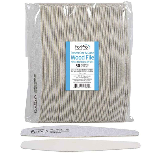 ForPro Professional Collection Expert One & Done Wood File, White 150 Grit/Zebra 180 Grit, Manicure & Pedicure Nail Files, 7” L x 1.25“ W, 50-Count