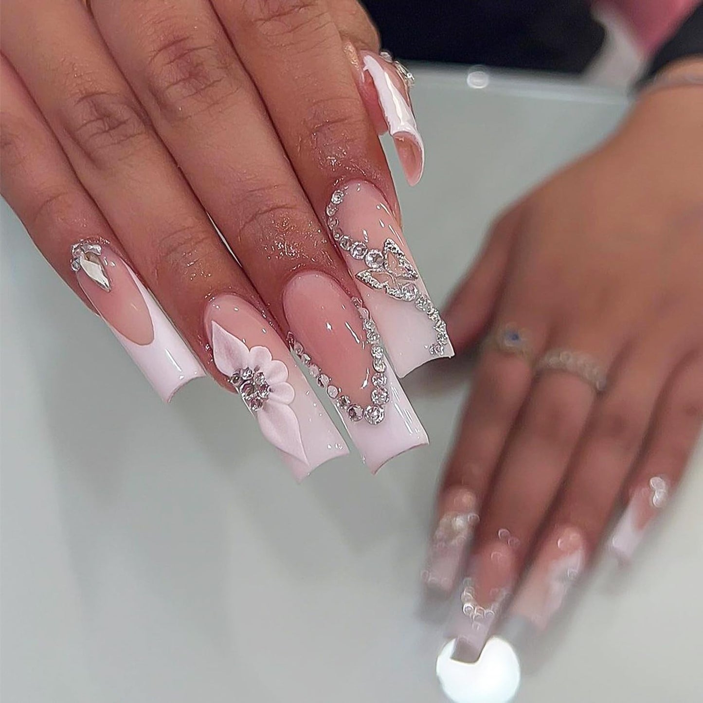 French Tip Press on Nails Long Square Fake Nails Nude Acrylic Nails Silvery Butterfly Charm Rhinestone Design Pink Glue on Nails Full Cover Glossy Stick on Nails Daily Nail Art for Women 24Pcs