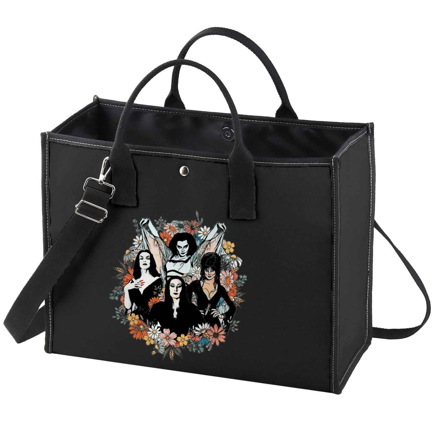 WZMPA Goth Queens With Flowers Cosmetic Bag Lily & Morticia & Vampira Fans Gifts Ghoul Gang Makeup Zipper Pouch Bag (Goth Queens TB-BL)