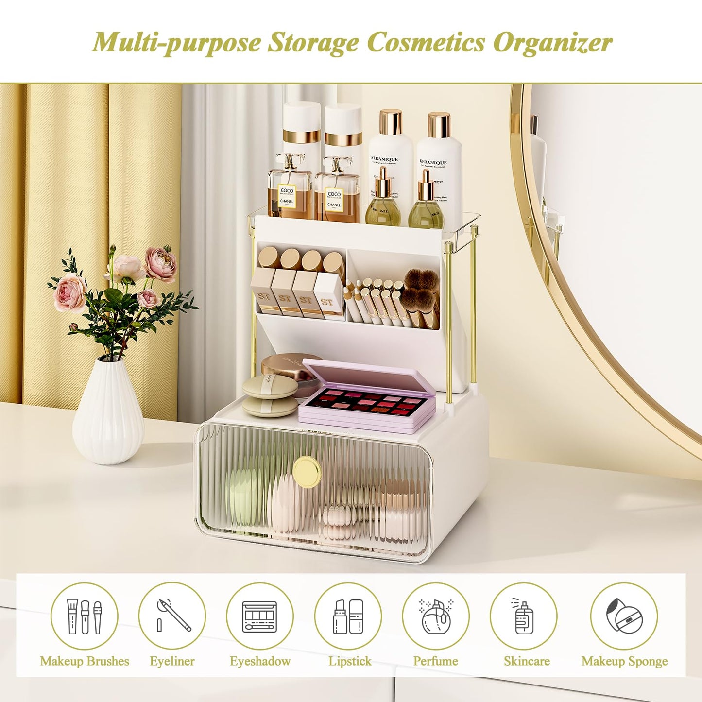 FOLLOWIN Makeup Organizer with Storage Drawer,Cosmetic Display with Lipsticks Brush Holder Perfume Tray,Organize Cosmetics and Beauty Supplies for Vanity,Dresser,Bathroom,Desktop Organizer,Clear