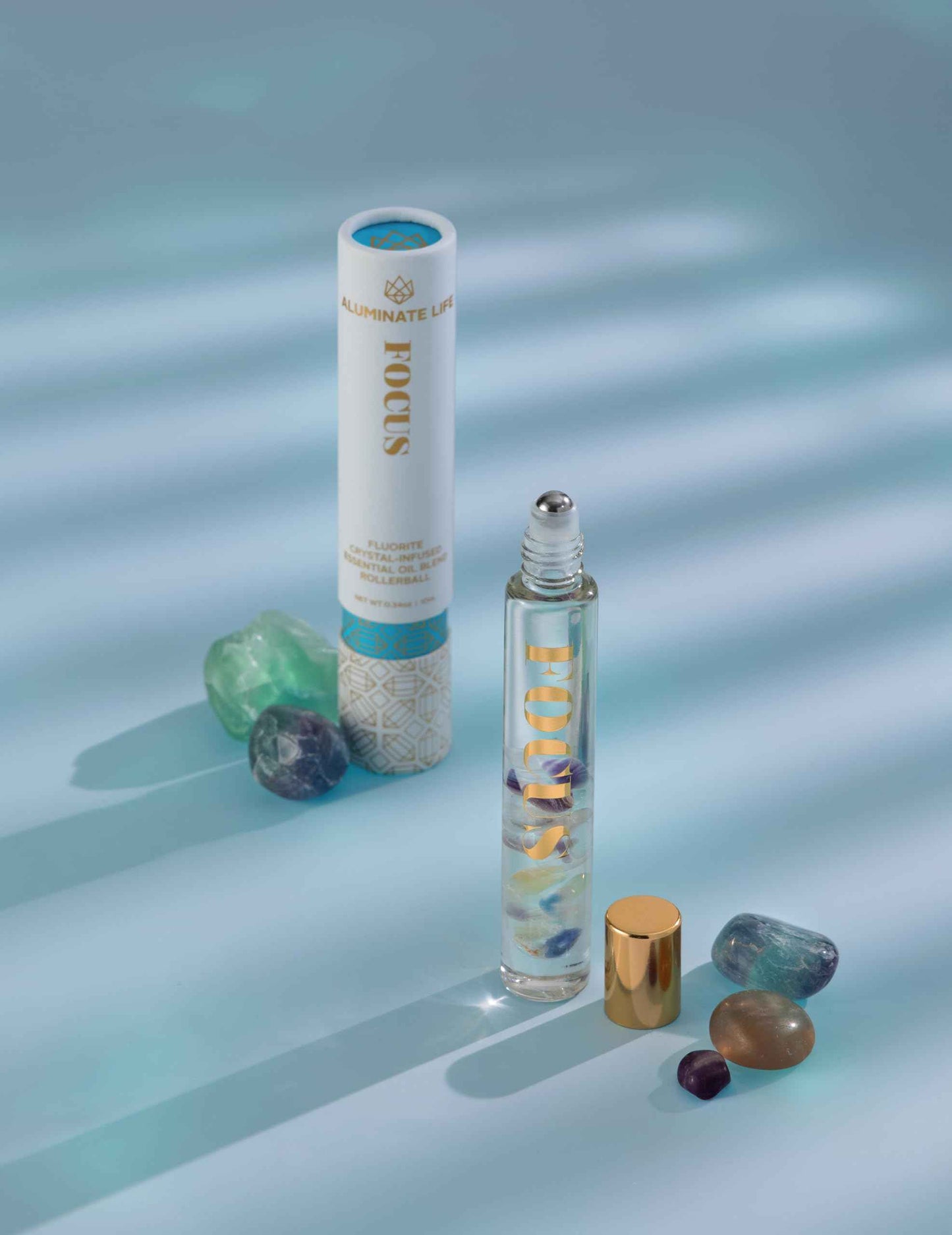 Aluminate Life Essential Oil Rollerballs, .34 OZ, Focus - Fluorite Crystal Infused - Scents of Orange, Ginger, Ylang-ylang, & Lavender - Aromatherapy Roll On Oils, Skin Care, Massage