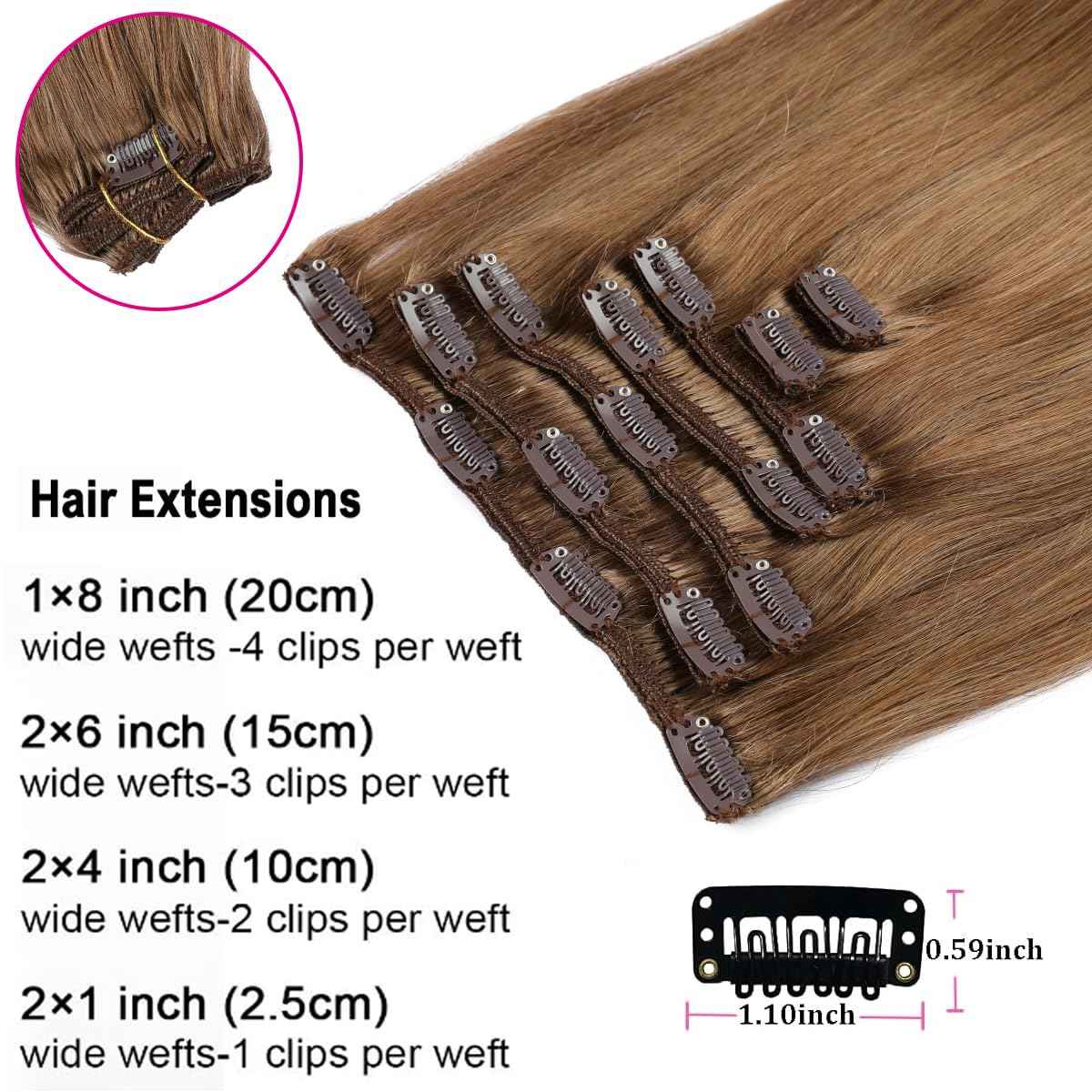 ORIGEN Clip in Hair Extensions Real Human Hair Clips ins Remy Hair Extensions for Women Full Head Medium Brown 80g 16 Clips 7 Pcs 12 Inches