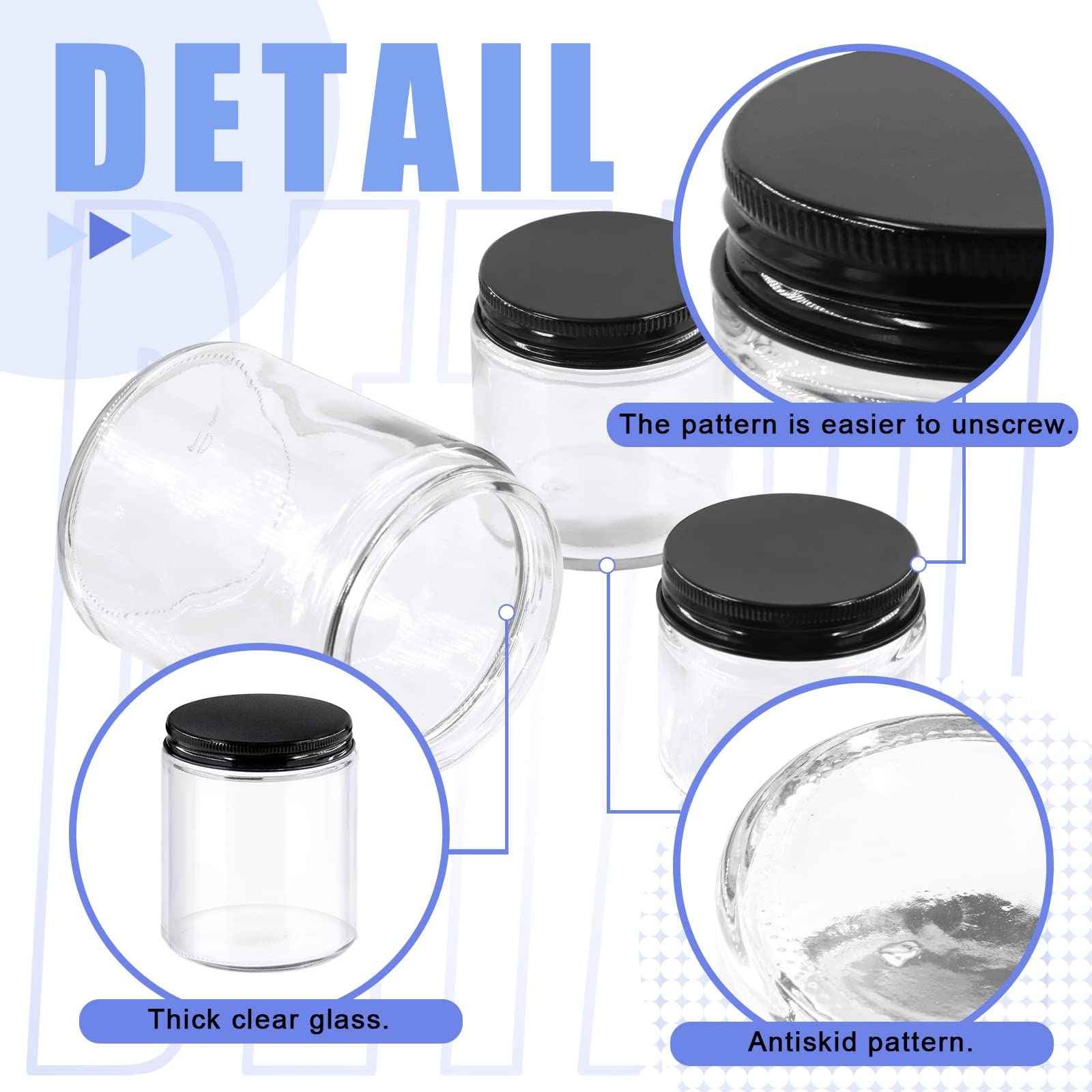 Glarks 12 Pack 2oz 4oz 8oz Glass Jars with Lids, Round Clear Glass Jars with Inner Liner and Black Lids for Storing Creams, Beauty Products, Cosmetic, Lotion and Ointments