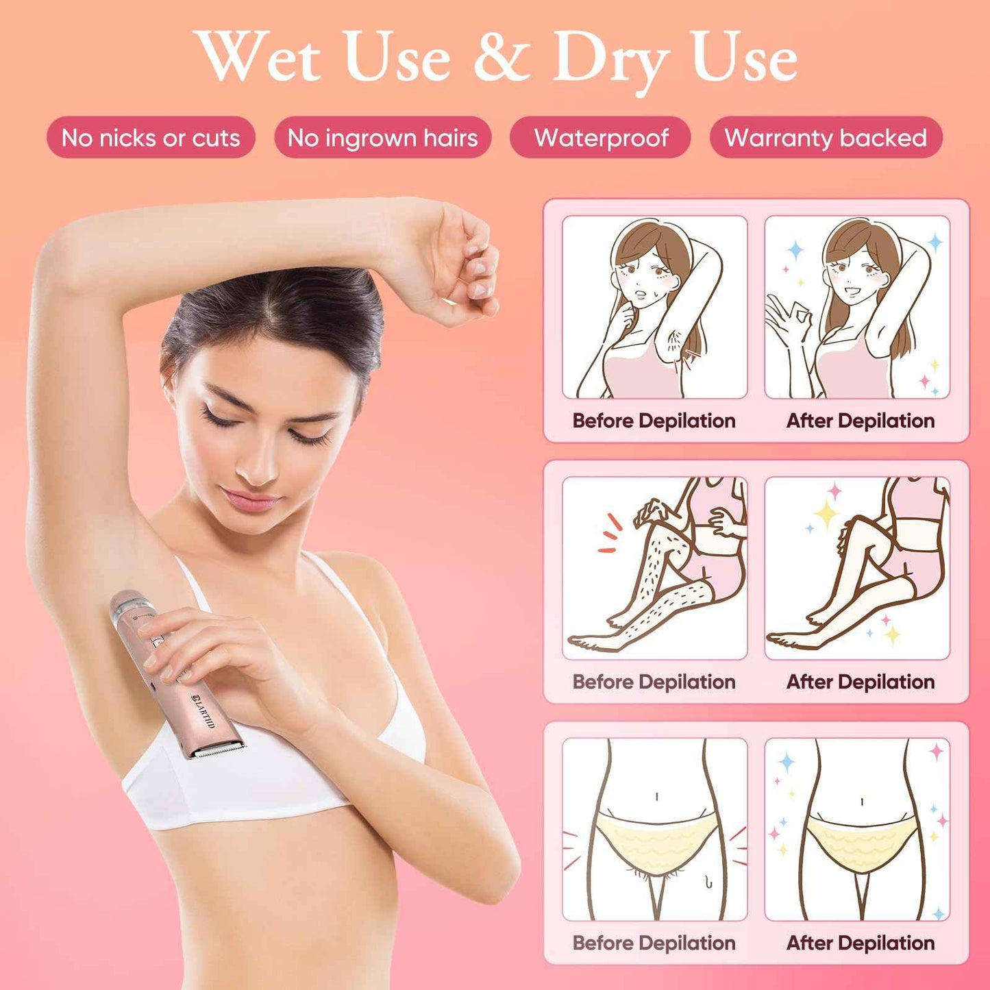 LARTHD 2 in 1 Women Electric Shaver Dual Head Bikini Trimmer for Women IPX7 Waterproof Wet & Dry Use Body Hair Trimmer and Facial Hair Remover for Bikini Underarm Leg Arm Body Face