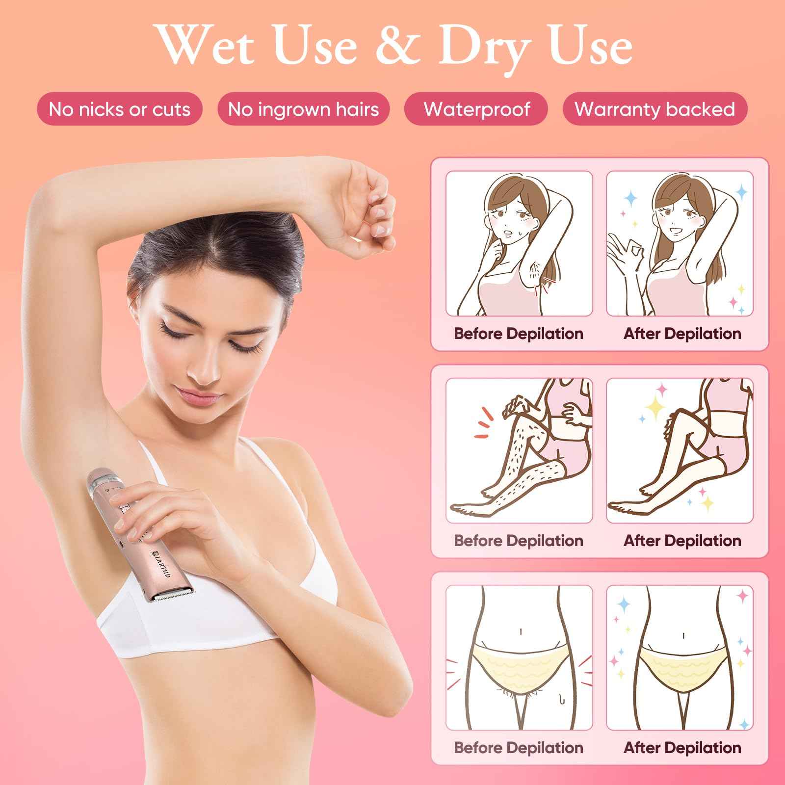 LARTHD 2 in 1 Women Electric Shaver Dual Head Bikini Trimmer for Women IPX7 Waterproof Wet & Dry Use Body Hair Trimmer and Facial Hair Remover for Bikini Underarm Leg Arm Body Face