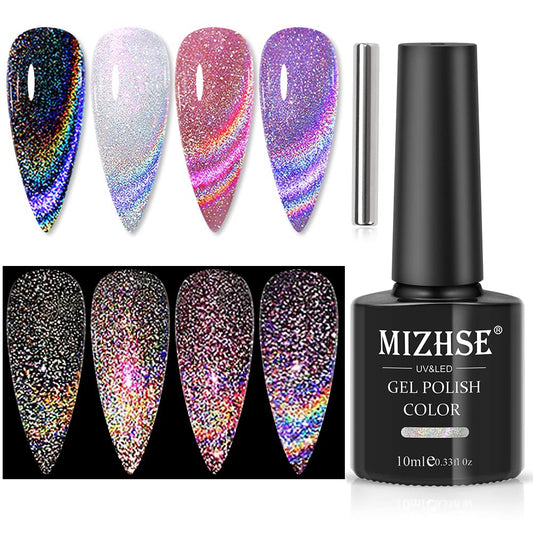 MIZHSE Universal Reflective Rainbow Cat Eye Gel 10ml Reflective Gel Nail Polish Holographic Laser 9D Cat Eye Gel Nail Polish With Magnetic Stick Soak Off LED UV Gel Nail Kit Home DIY Manicure