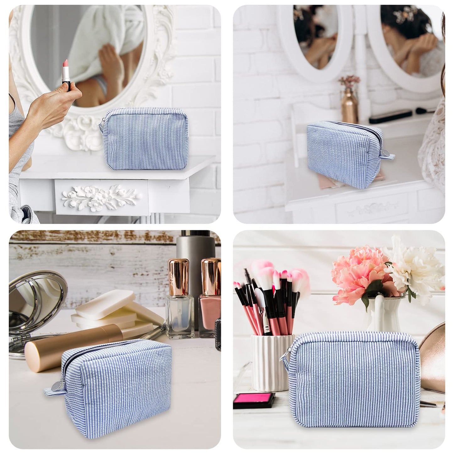 GFU Makeup Bag for Women, Cute Cosmetic Bag, Lightweight Toiletry Make up Bag, Large Seersucker Aesthetic Organizer Storage Pouch for Girls, Women and Moms Gifts, Blue