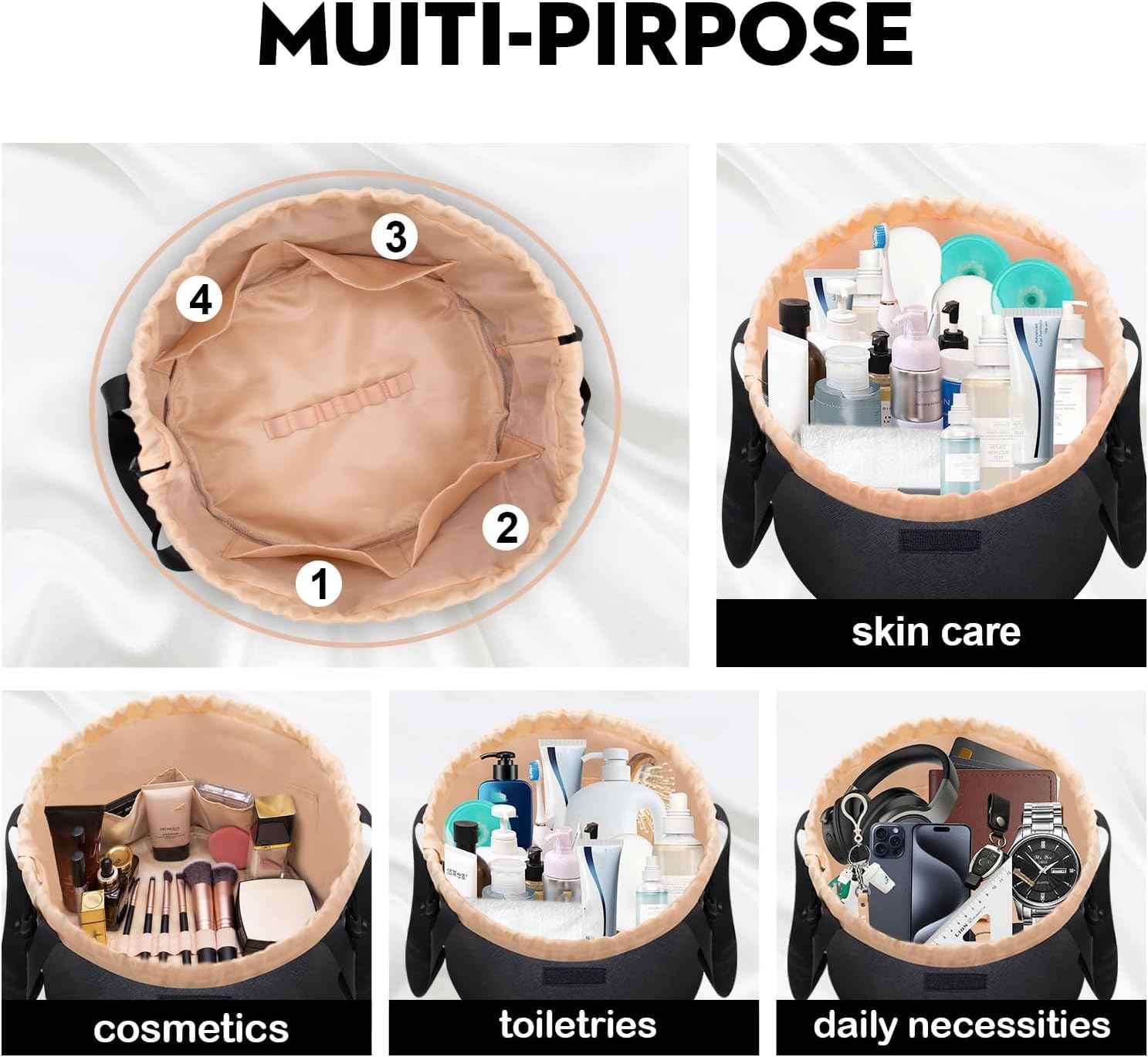 FANGENKE Large Drawstring Makeup Organizer,Lay Barrel Makeup Bag Leather Cosmetic Bag Toiletry Bag for Travel,Portable Waterproof Make Up Bags for Women Brush Toiletries Accessories (Black Large)