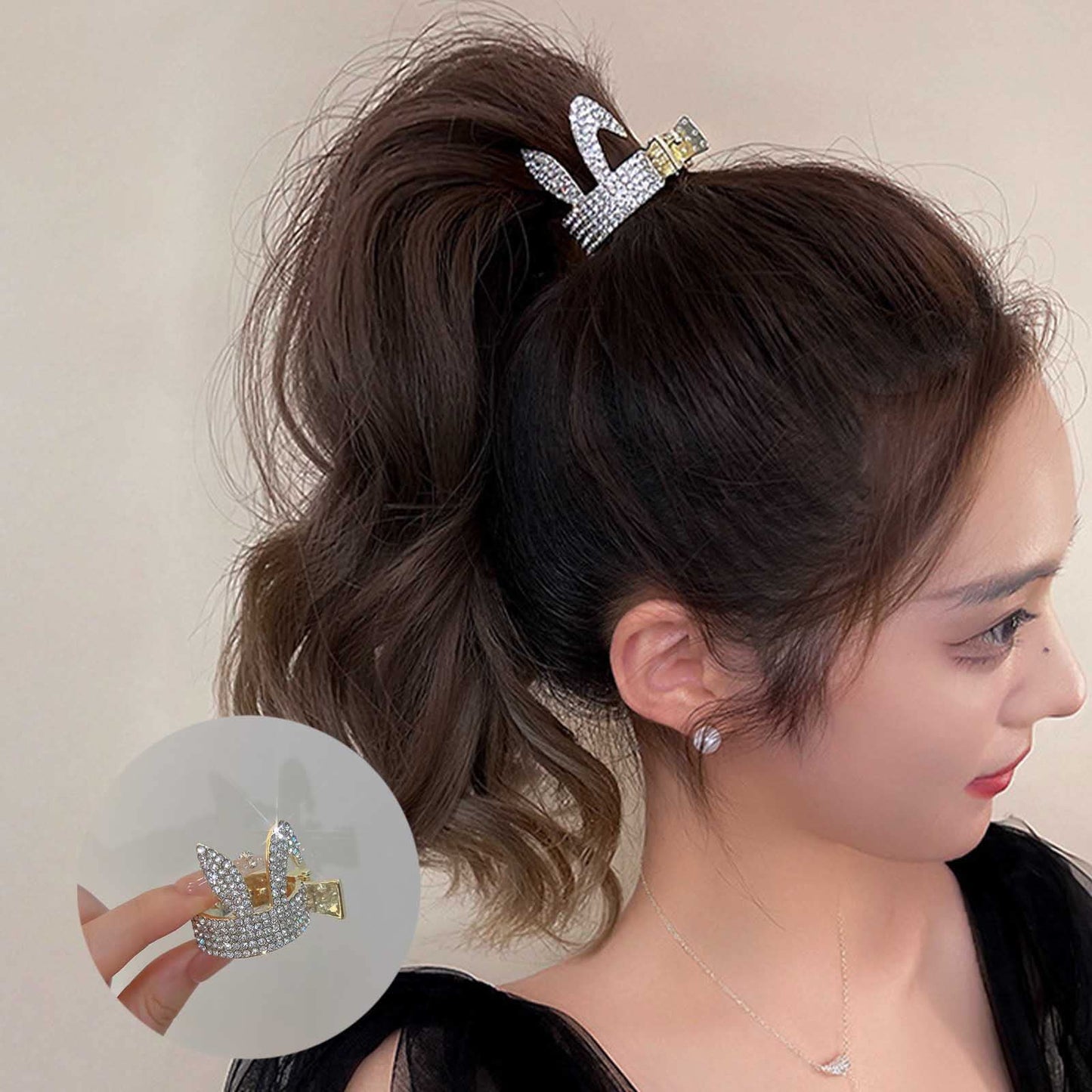 Iaceble Crystal Rabbit Hair Cuff Gold Rhinestone Hair Barrettes Metal Cz Hair Claw Barrette Sparkly RhinestonePonytail Holder Hair Clip Decorative Hair Accessories for Women and Girls Headdress