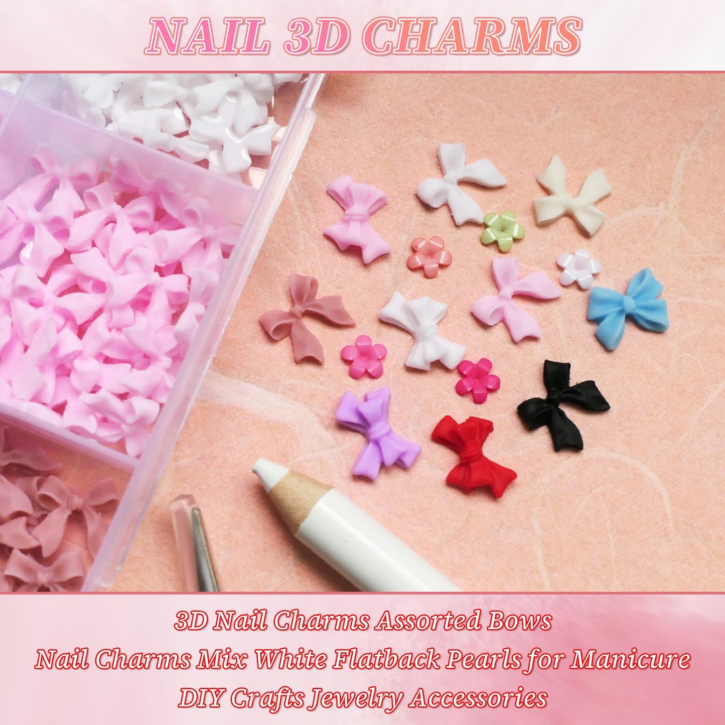 LoveOurHome 3D Flower Nail Charms Cute Bow Charms Nail Decorations Kit Bow-knot Floral Nail Charms Studs Gold Silver Beads Acrylic Nail Design Resin Craft Accessories Nail Supplies with Tweezer