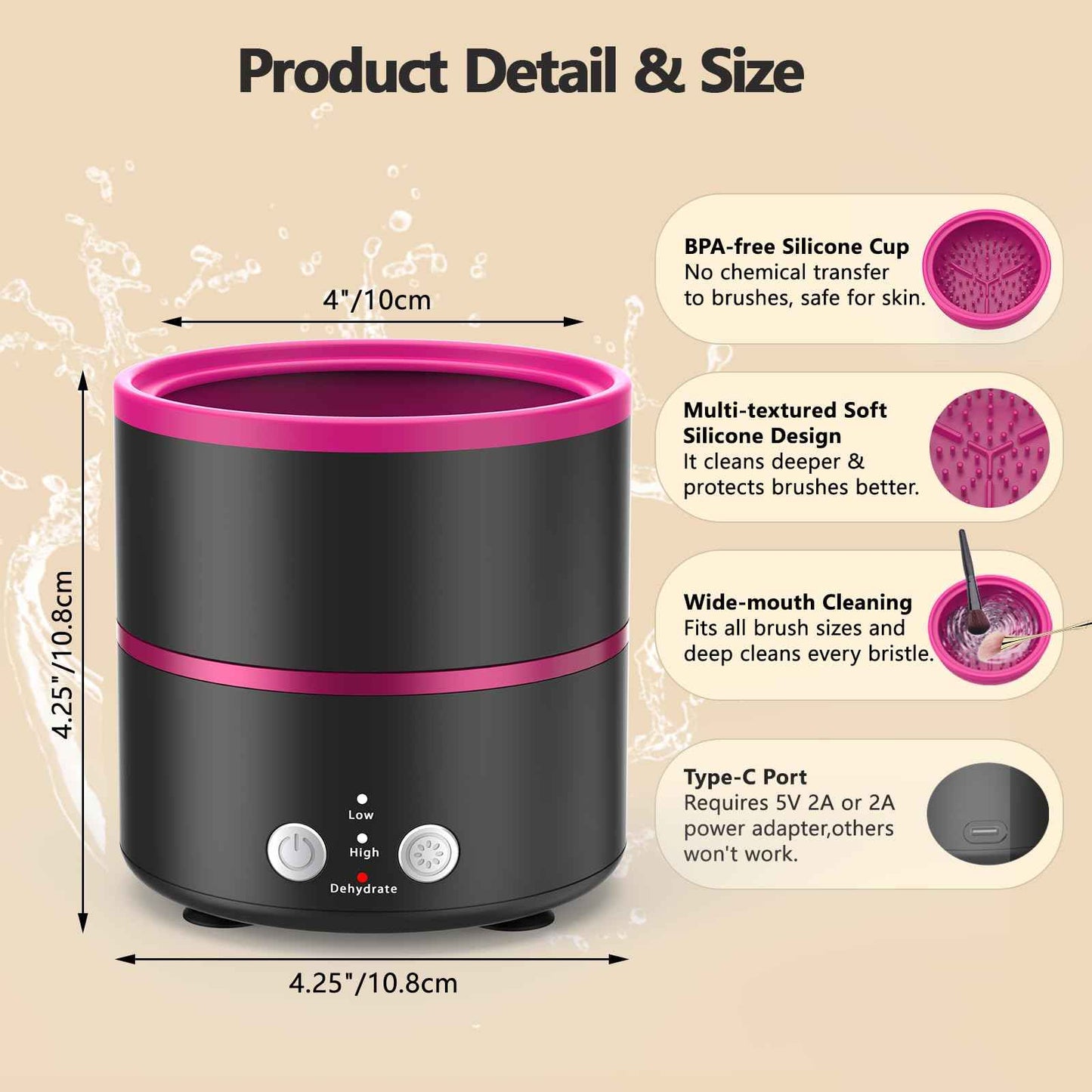 Cucufor Electric Makeup Brush Cleaner Machine, 2 Speeds and Dehydration Powerful Friction Removes Residue on Makeup Brushes Set/Sponge/Powder Puffs, Efficient Cleaning, Spinning Washer Black Pink