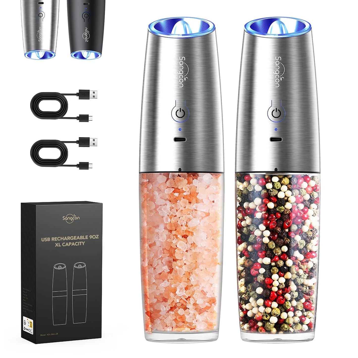 Sangcon Gravity Electric Salt and Pepper Grinder Set Shaker 𝐔𝐩𝐠𝐫𝐚𝐝𝐞𝐝 Rechargeable 9oz XL Capacity - USB-C No Battery Needed One Hand Operation Adjustable Coarsenes Automatic Mill