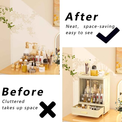 Delamu Bathroom Makeup Organizer Countertop with Drawer, 3-Tier Large Capacity Bathroom Counter Countertop, 15.2' Tall Storage for Perfume, Cosmetic, Skincare and More, Ideal Present for Her, Beige