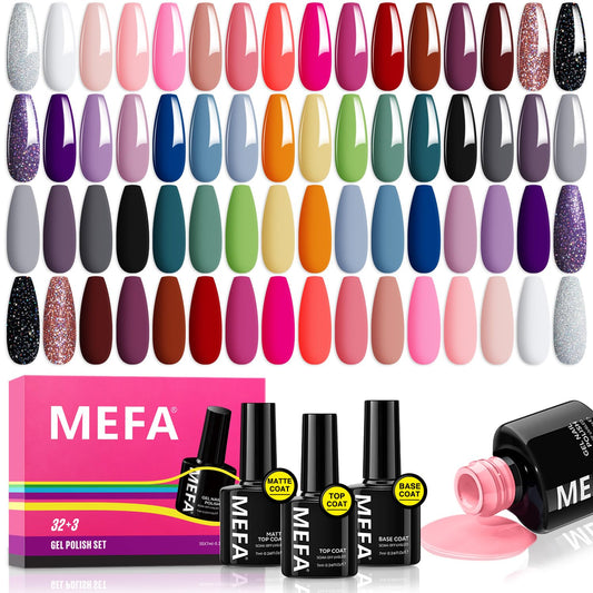 MEFA 35 Pcs Gel Nail Polish Set, 32 Colors All Seasons Collection Gel Nail Polish Kit with Base Coat No Wipe Glossy&Matte Top Coat Blue Red Pink Nail Art Manicure DIY Salon Home Gifts for Women Girls