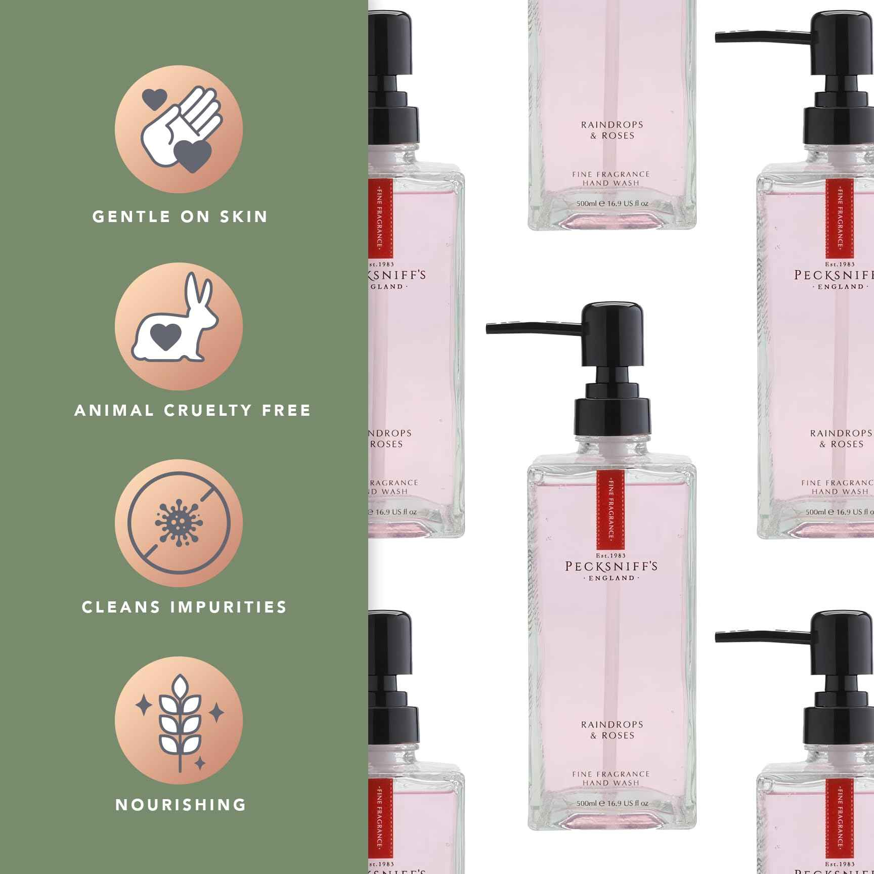 Pecksniff's Moisturizing Hand Wash - Vitamin B Enriched, Natural & Gentle Cleanser, Luxurious Hand Wash 500ml/16.9 fl oz (Glass, Raindrops & Roses)