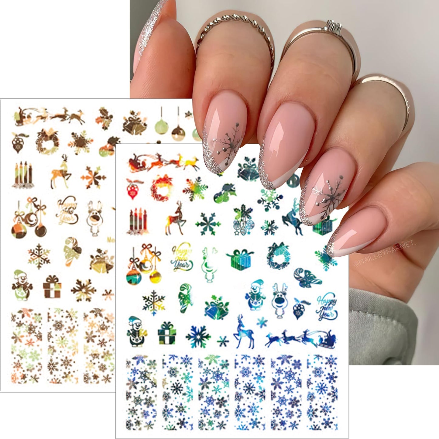 Christmas Nail Art Stickers Shiny Metallic Laser Snowflakes Nail Decals 3D Self-Adhesive Luxury Reindeer Snowman Nail Sticker Gold Silver Winter Xmas Tree Bell Nail Art Supplies for Women 8 Sheets