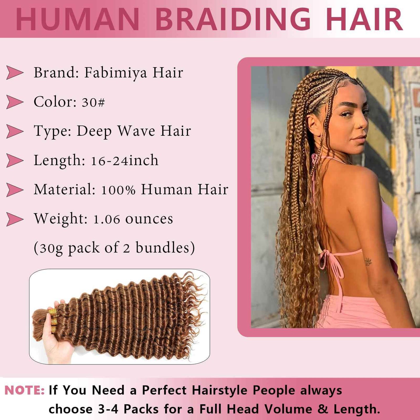 Habiliana 30 Auburn Brown Deep Wave Bulk Human Braiding Hair 2 Bundles Total 100g 18 Inch Human Hair Bundles Braiding Brazilian Virgin Curly Human Hair Extensions for Boho Braids