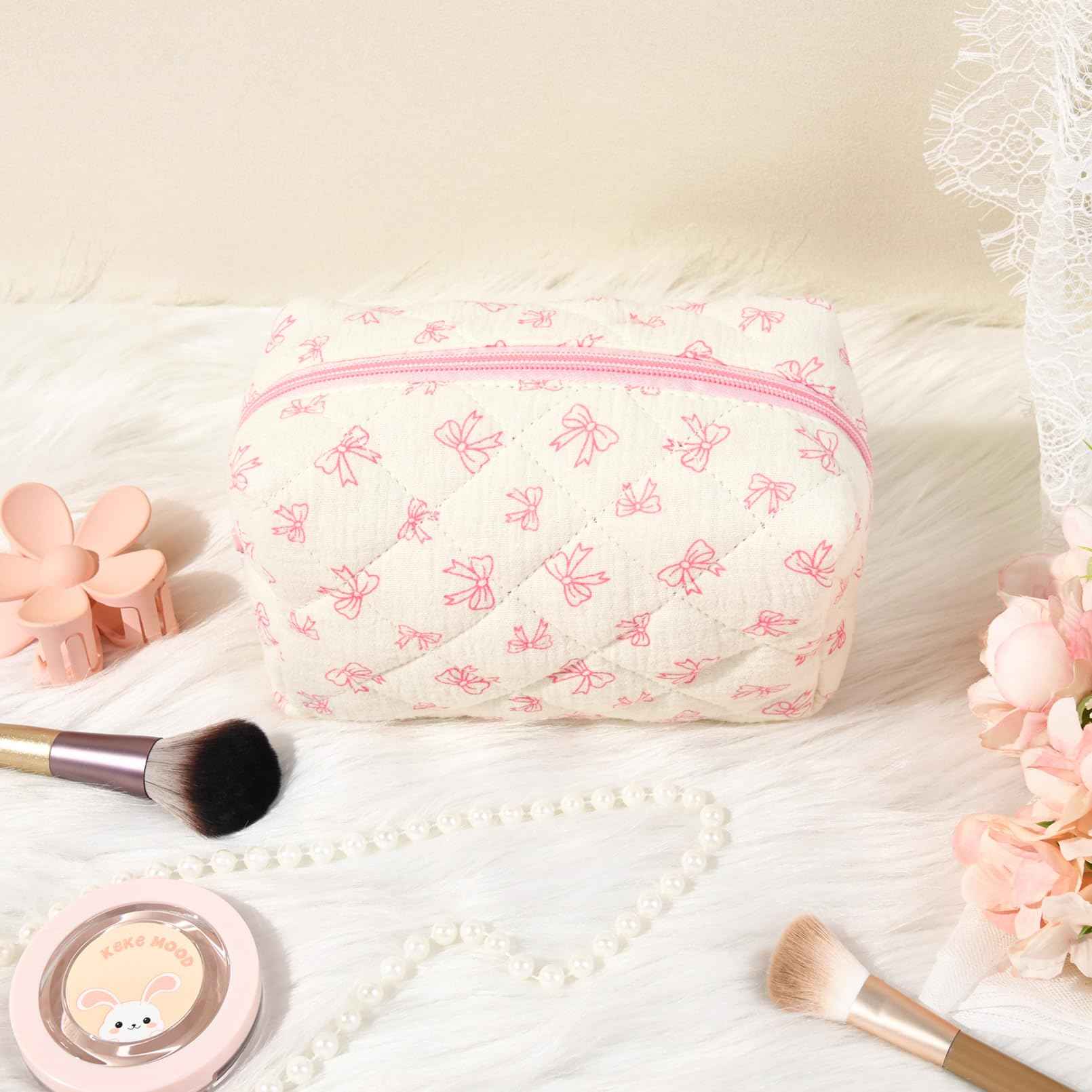 SOIDRAM Floral Makeup Bag Small Quilted Cosmetic Bag Cute Makeup Pouch Coquette Makeup Bag Aesthetic Travel toiletry bag Organizer Cotton Makeup Brushes Storage Bag for Women (Coquette Bow -S)