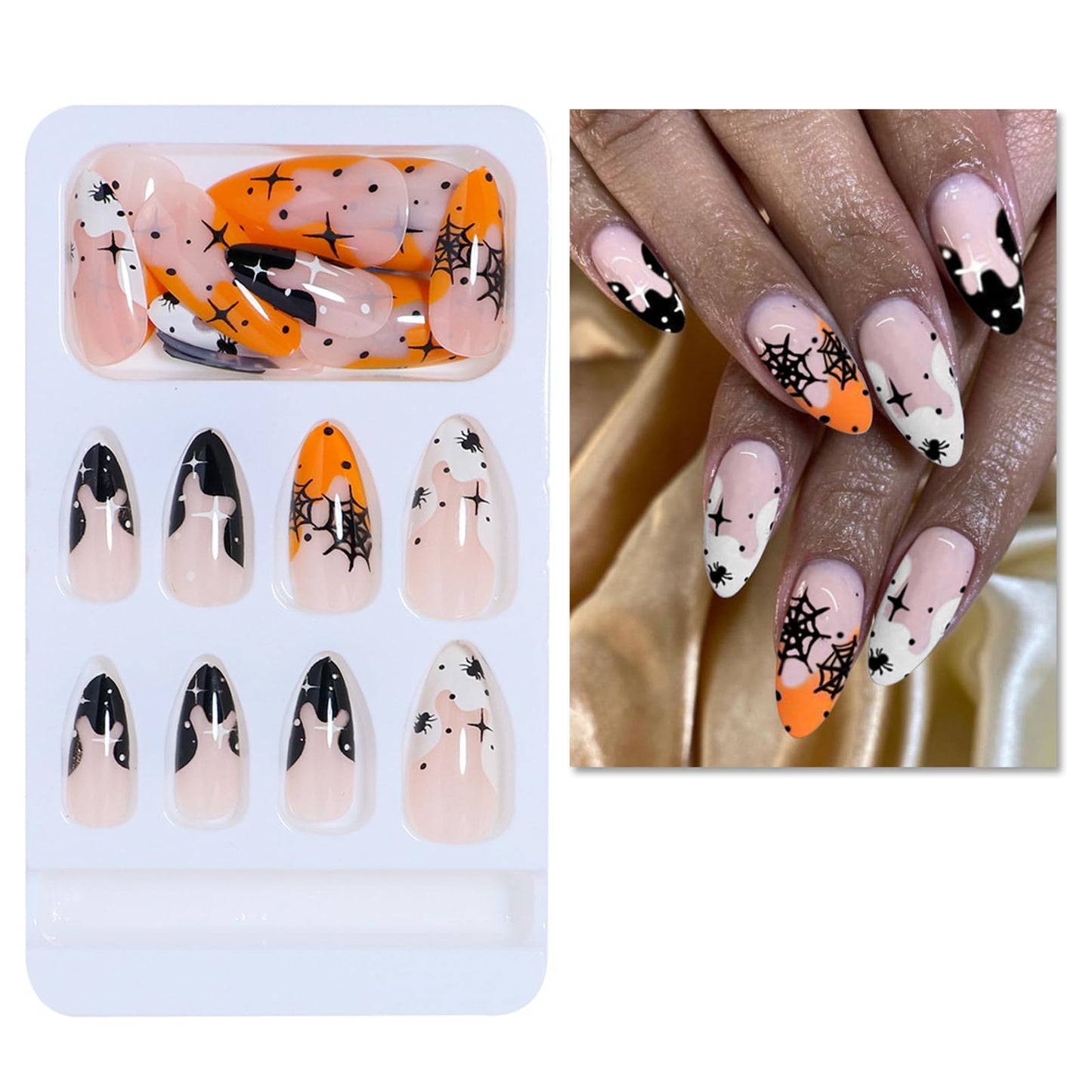 24Pcs Halloween Press on Nails Medium Length Almond Fake Nails Full Cover Black Spider Web Stick on Nails White Orange French Tip Artificial Acrylic Nails with Stars Design False Nails for Women Girls