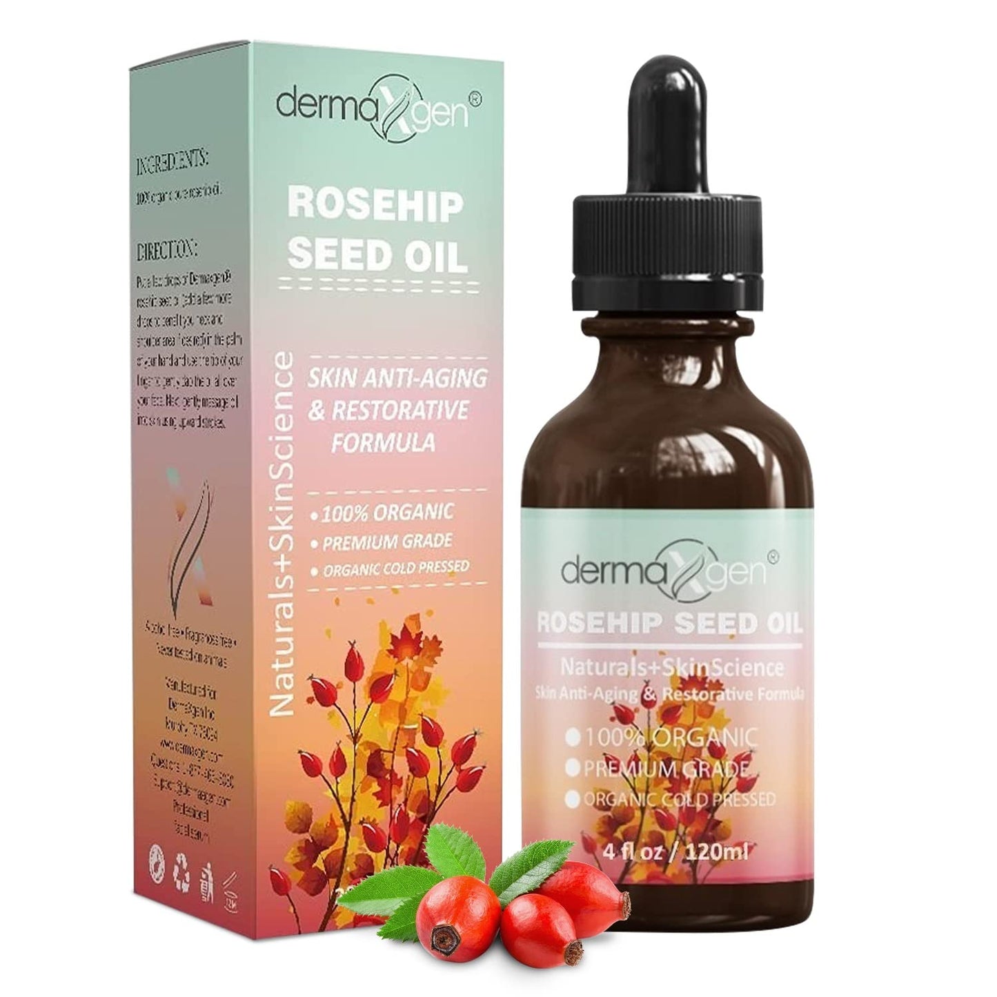 DERMAXGEN Rosehip Seed Oil 4 Fl Oz -100% Organic & Cold Pressed - Anti-aging Moisturizing Treatment For Face, Hair, Skin & Nails, Acne Scars, Anti-wrinkle.