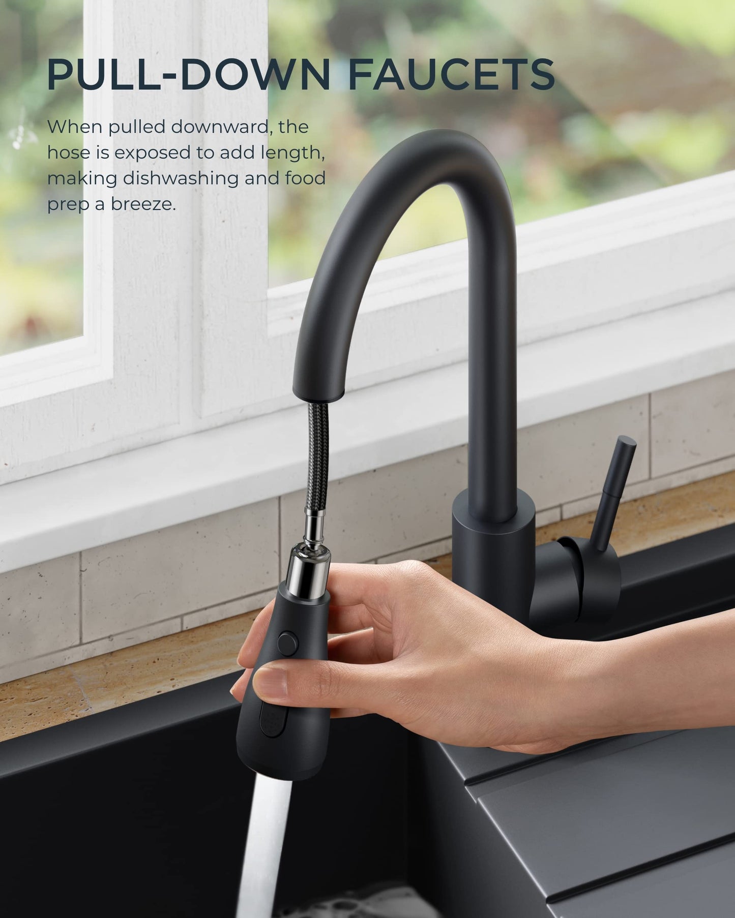 FORIOUS Black Kitchen Faucets, Kitchen Faucet with Pull Down Sprayer, High Arc Single Handle Stainless Steel Sink Faucets 1 or 3 Hole, Classic Kitchen Sink Faucets for Farmhouse Camper Laundry Rv Bar