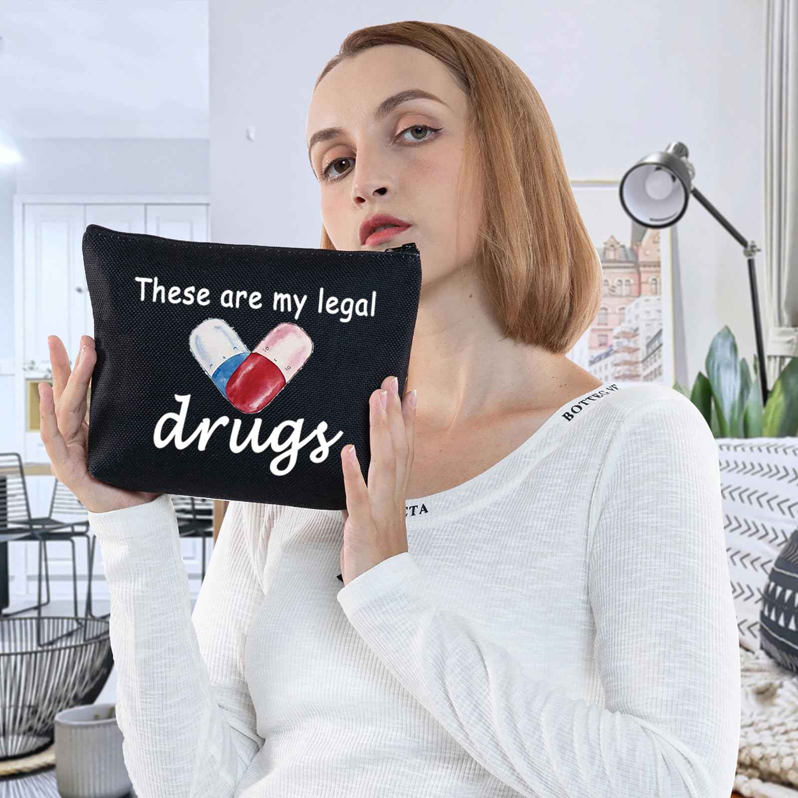 G2TUP Funny Medicine Bags for Women These are My Legal Drugs Cosmetic Bag Travel Pill Bags for Patient Friend (These Are My Legal Drugs Black)