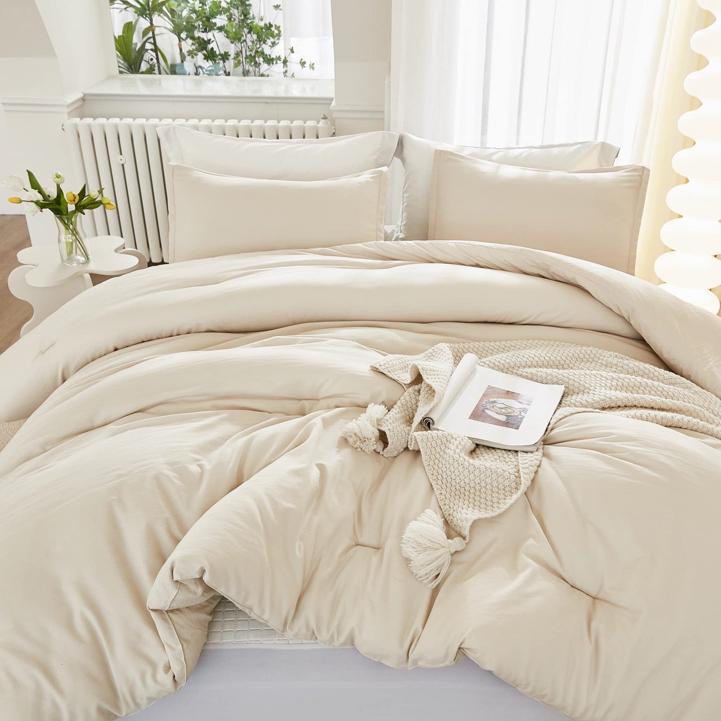 Litanika Twin/Twin XL Comforter Set Beige, 2 Pieces Lightweight Solid Bedding Comforter Set, All Season Fluffy Bed Set (66x90In Comforter & 1 Pillowcase)