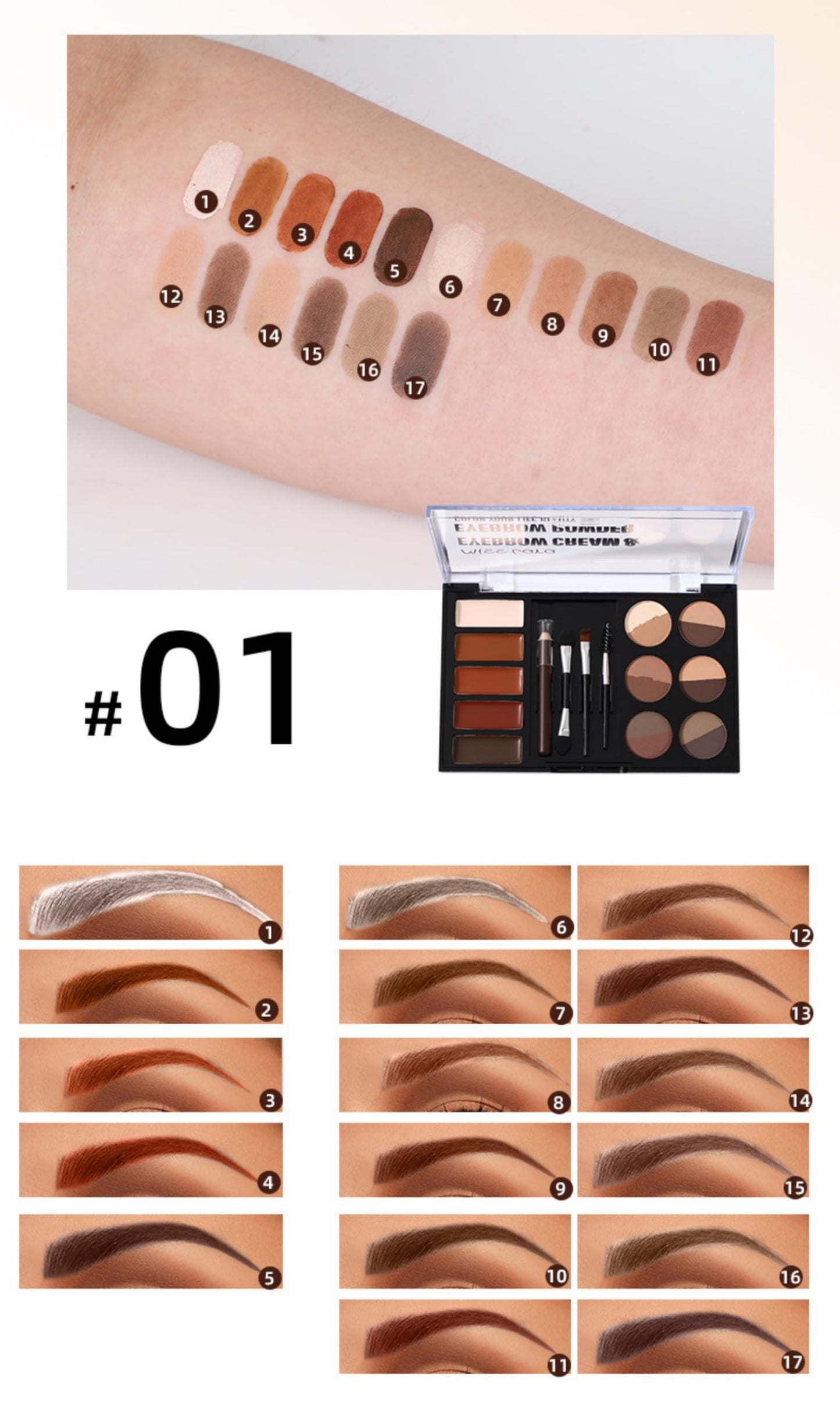 MAEPEOR Eye Brow Kit Waterproof Eyebrow Palette Set 12 Colors Eyebrow Powder 5 Colors Brow Wax 3 Brushes 1 Eyebrow Pencil for Novice and Professional (Set 01)