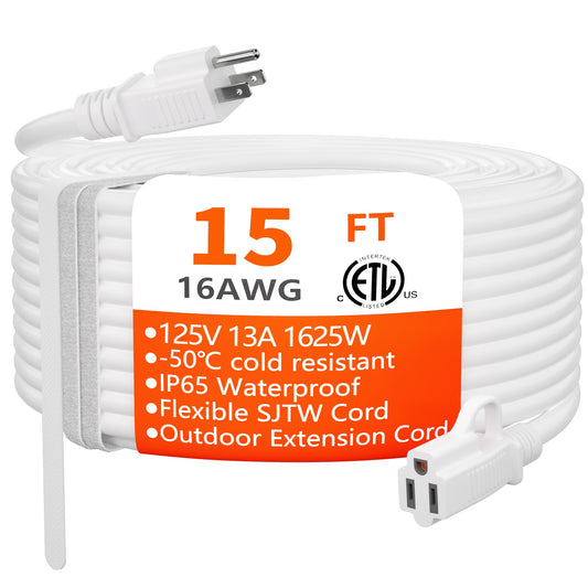 HUANCHAIN Indoor Outdoor White Extension Cord 15 ft Waterproof, 16/3 Gauge Flexible Cold-Resistant Appliance Extension Cord Outside, 13A 1625W 16AWG SJTW, 3 Prong Heavy Duty Electric Cord, ETL