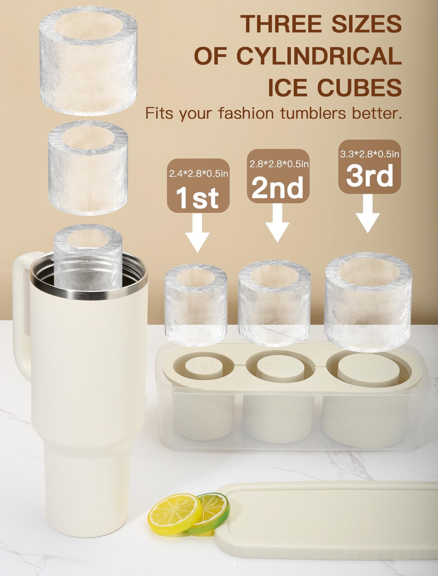 Ice Cube Tray for 30Oz-40Oz Tumbler, 3 Pcs Silicone Hollow Cylinder Ice Mold with Lid and Bin for Freezer, Ice Drink, Juice, Whiskey, Cocktail (White, 40 Oz)