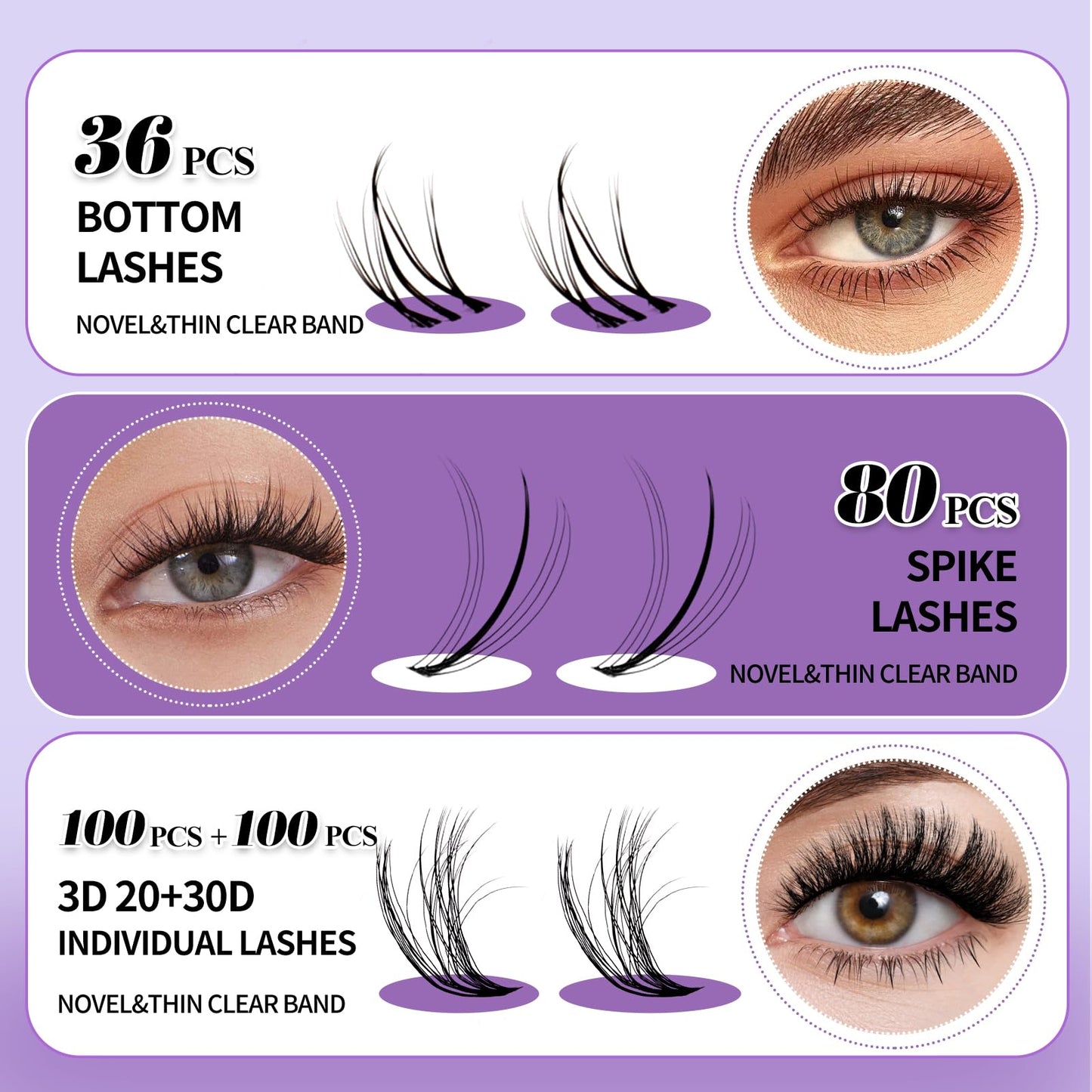 Lash Clusters With Bottom Lashes 20/30D C/D Curl 12-18mm Multi-types Individual Clusters Eyelash Extensions, Spike, Wispy Lash clusters(20/30D-3D)