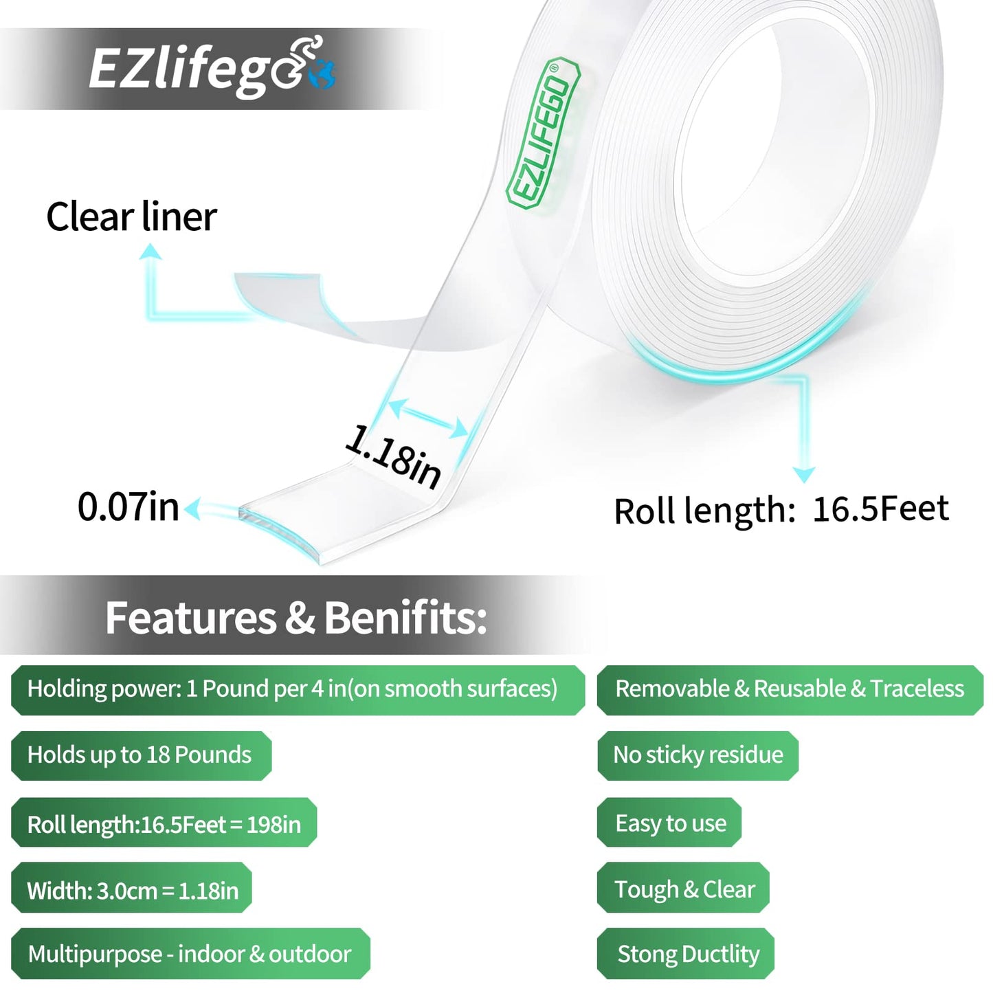 EZlifego Double Sided Tape Heavy Duty(Extra Large 16.5FT), Nano Adhesive Mounting Tape Wall Decor,Sticky Picture Hanging Adhesive Strips Poster Tape