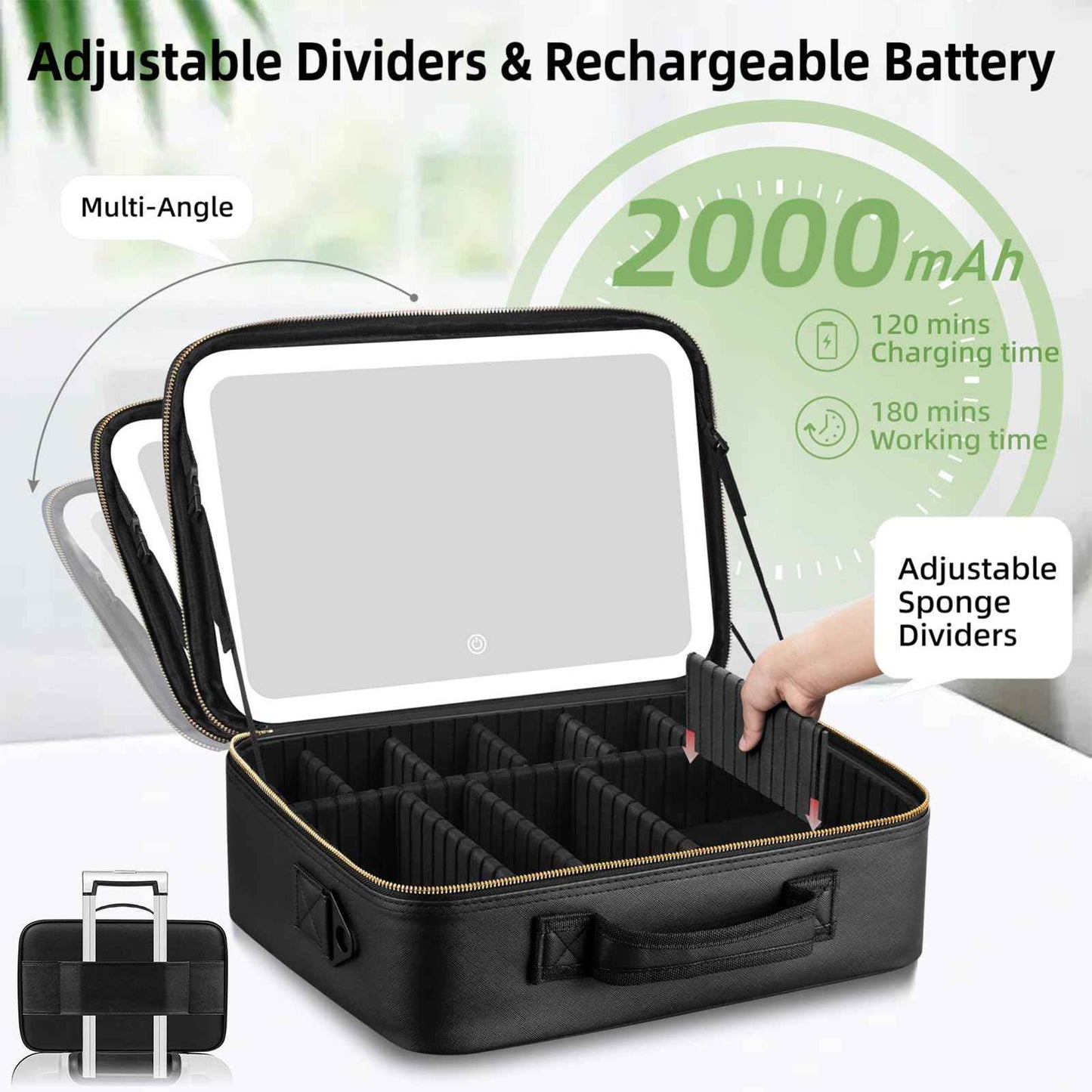 saiggnyy 15“×11“Professional Makeup Train Case,Large Waterproof Travel Makeup bag with Mirror and Light, Leather Black Make up Bag with Mirror and Light,Led Makeup Case with Adjustable Dividers