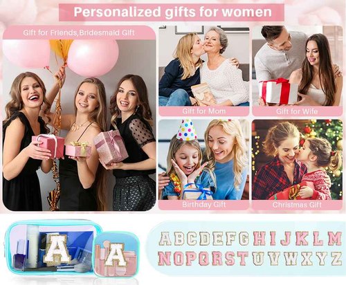 2pcs Personalized Initial Letter Clear Makeup Bag | Waterproof Nylon Preppy Cosmetic Bag | Travel Toiletry Bag | Monogrammed Gifts for Women Girl | Wedding Bridal Shower Gifts for Bridesmaids(Blue E)