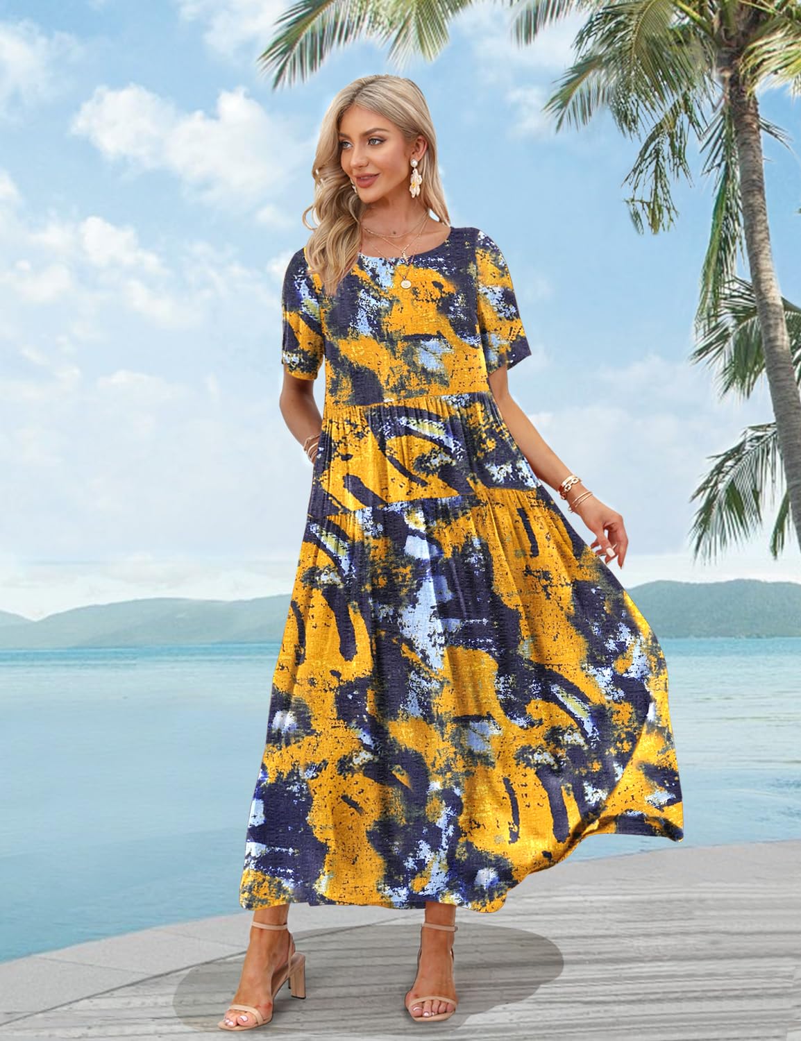 YESNO Women Casual Loose Bohemian Floral Dress with Pockets Short Sleeve Long Maxi Summer Beach Swing Dress S EJF CR141