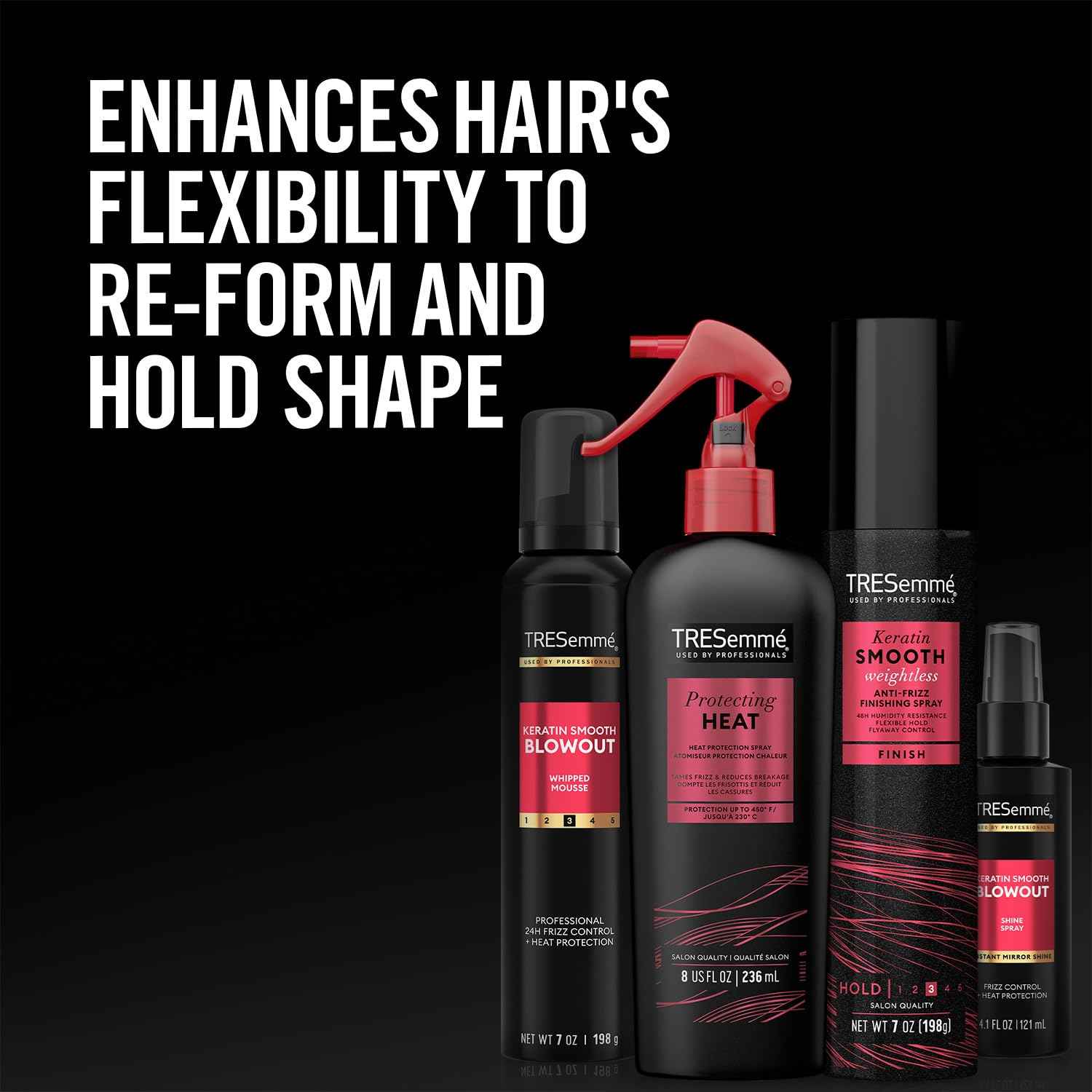 TRESemmé Keratin Smooth Blowout Hair Styling Bundle – Mousse + Finishing, Protecting Heat & Shine Sprays, Frizz Control