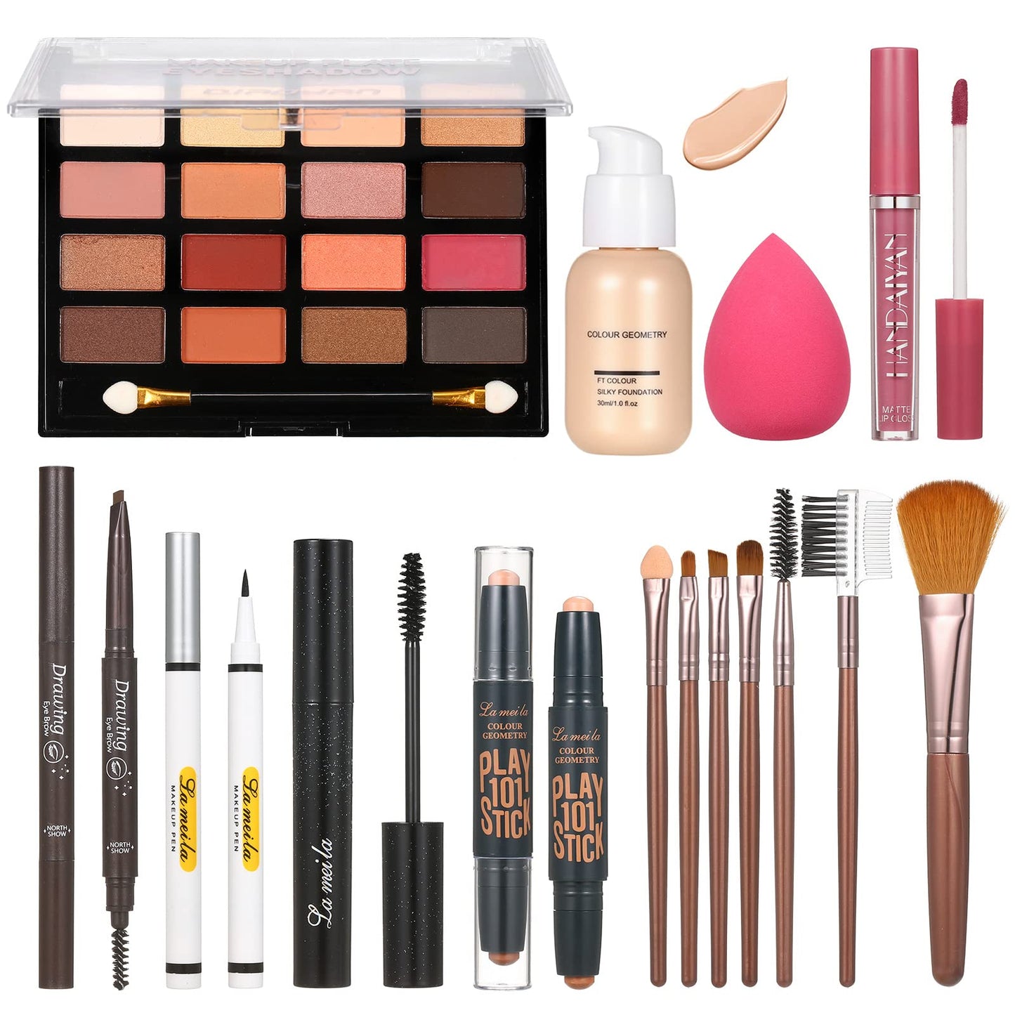 All in One Makeup Kit For Women Girls Teens Makeup set 16 Colors Eyeshadow Palette Foundation Eyeliner Contouring Stick Lip Gloss Eyebrow Mascara Makeup Brushes Makeup Gift Sets