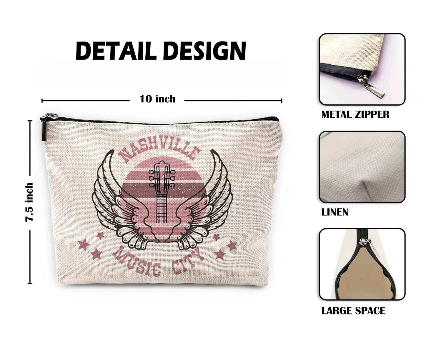 Sufamb Nashville Music City Retro Country Music Makeup Bag,Vintage Western Angel Wings Guitar Western Cosmetic Pouch,Christmas Birthday Gifts for Teen Girls Best Friends,Country Music Lover Gifts