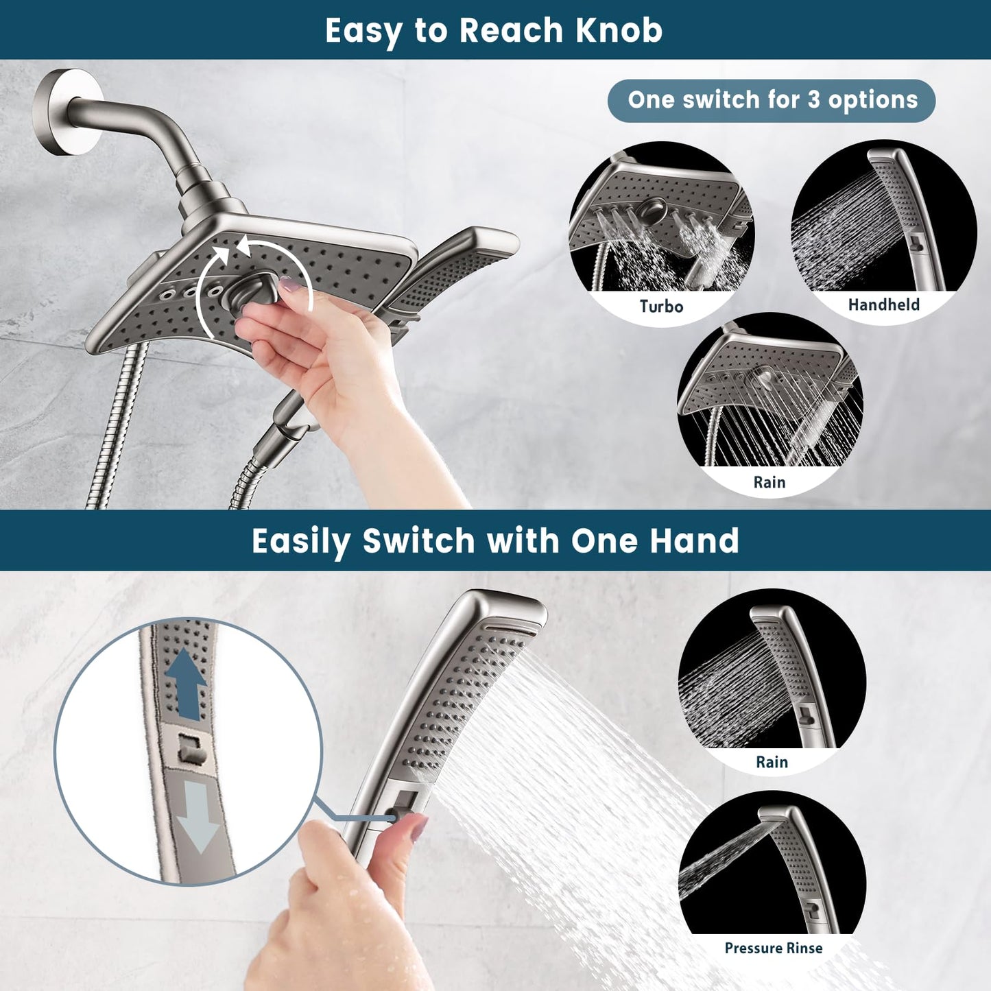 BRIGHT SHOWERS Shower Head Combo with Two Spray Setting , Fixed Shower Head and Handheld with Grey Face, Brushed Nickel