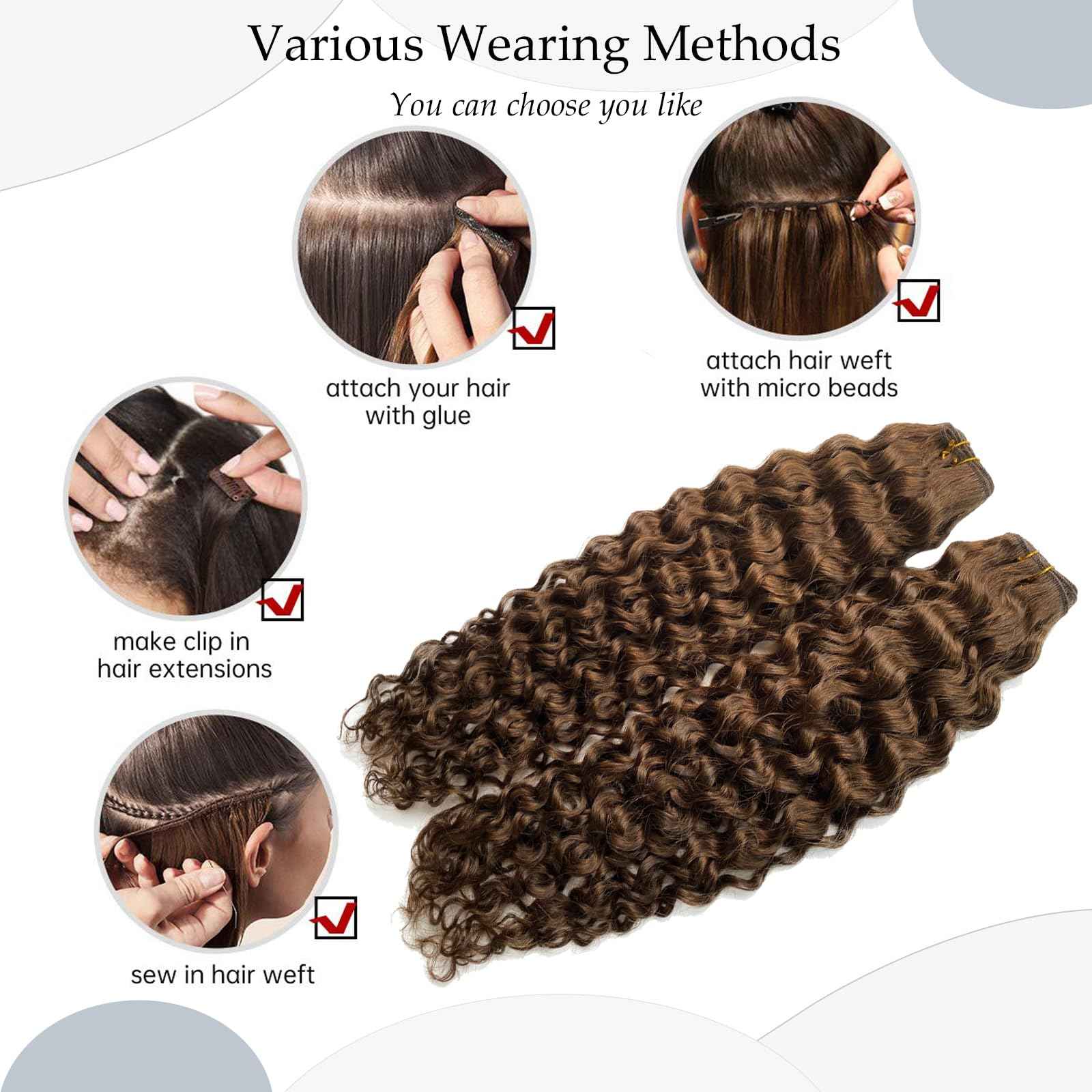 Sew in Hair Extensions Real Human Hair, Hand Tied Human Hair Weft Extensions 14 Inch Chocolate Brown Double Weft Full Head Curly Human Hair Weaves Bundles 80G Hair Wefts Weave Hair Extensions