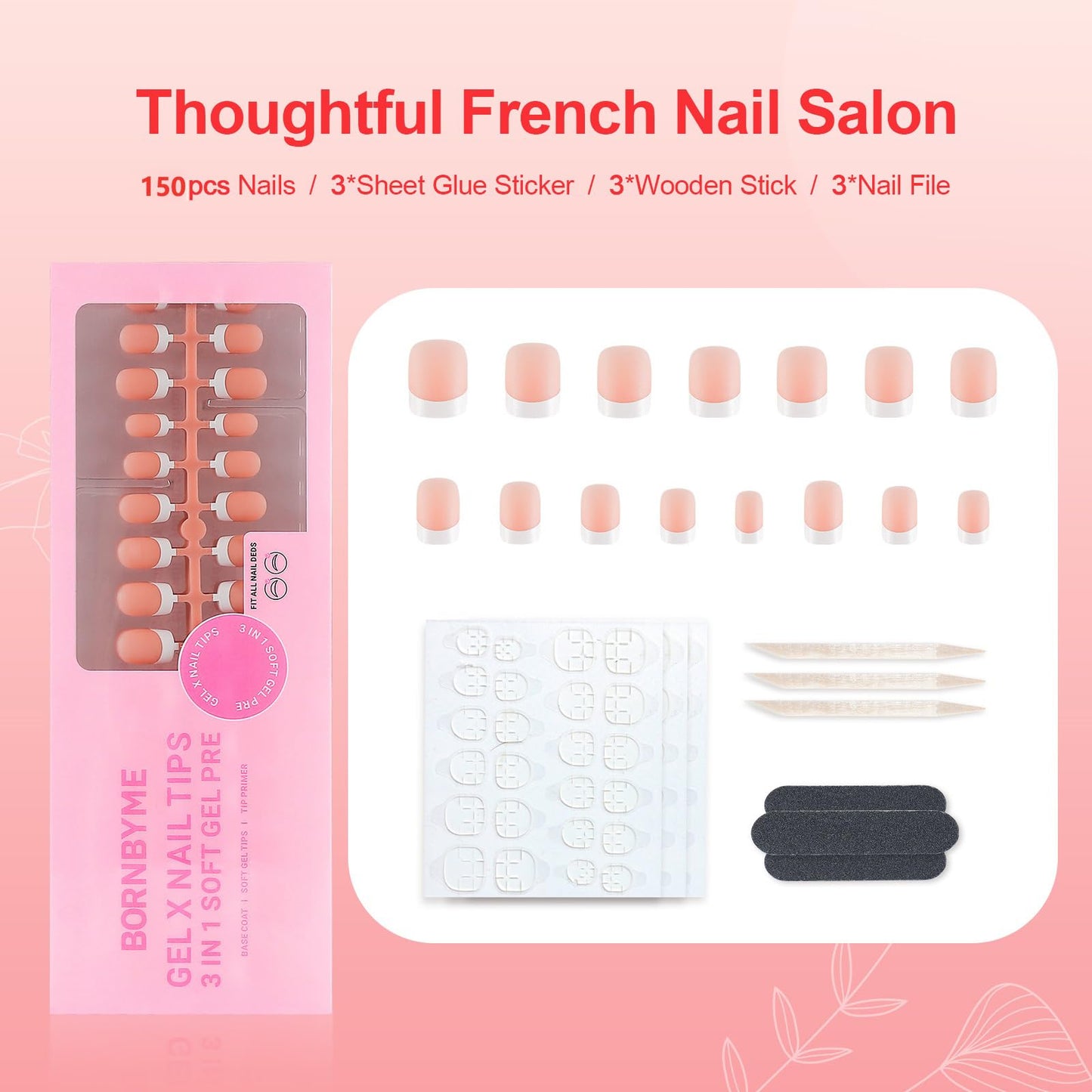 LIARTY 150 Pcs French Press On Nails Short Square, French Tip False Nails Manicure, 15 Size Acrylic Full Cover Artificial Fake Nails (Natural)