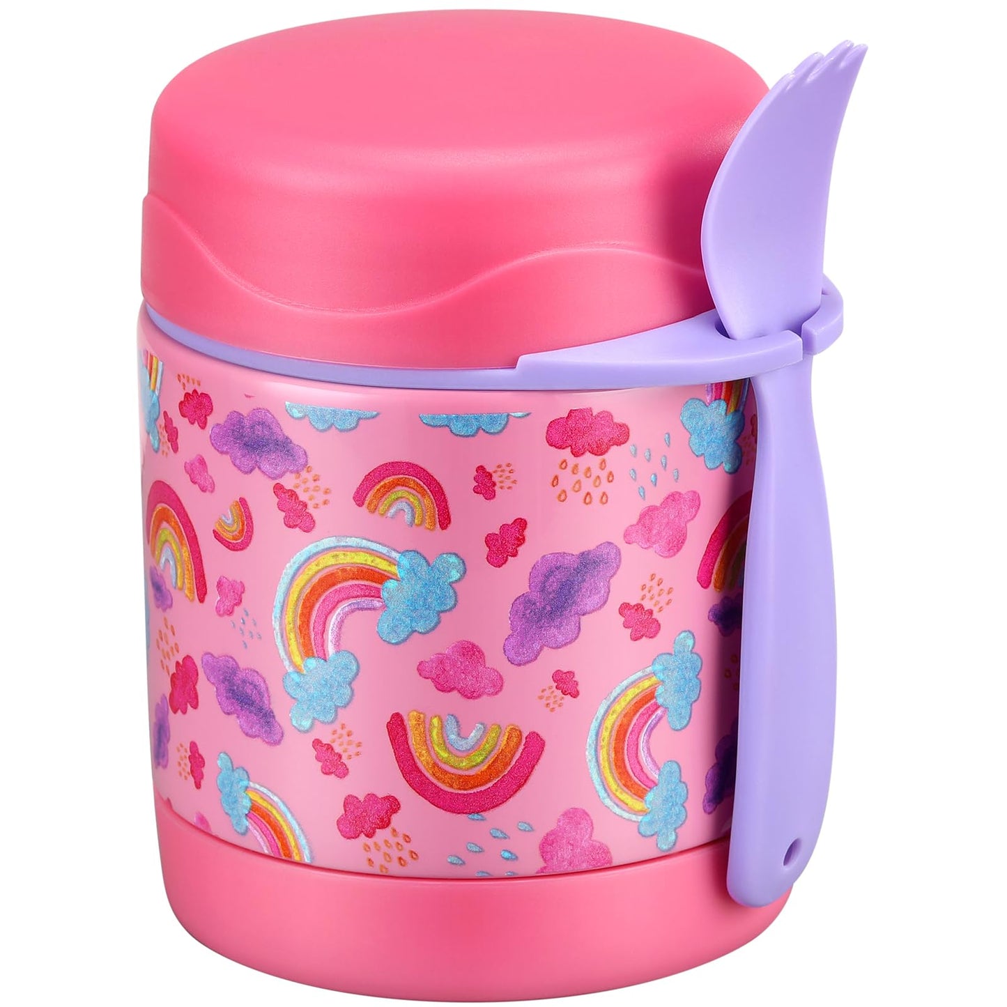 Pawtong 10oz Soup Thermo for Hot Food Kids Insulated Food Jar,Thermo Hot Food Lunch Container, Width Mouth Stainless Steel Lunch Box for Kids with Spoon (Pink-rainbow)