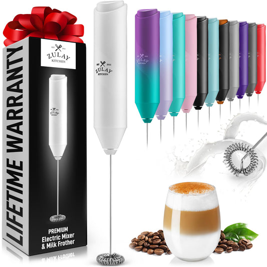 Zulay Kitchen Powerful Milk Frother Wand - Mini Milk Frother Handheld Stainless Steel - Battery Operated Drink Mixer for Coffee, Lattes, Cappuccino, Matcha - Froth Mate Milk Frother Gift - White