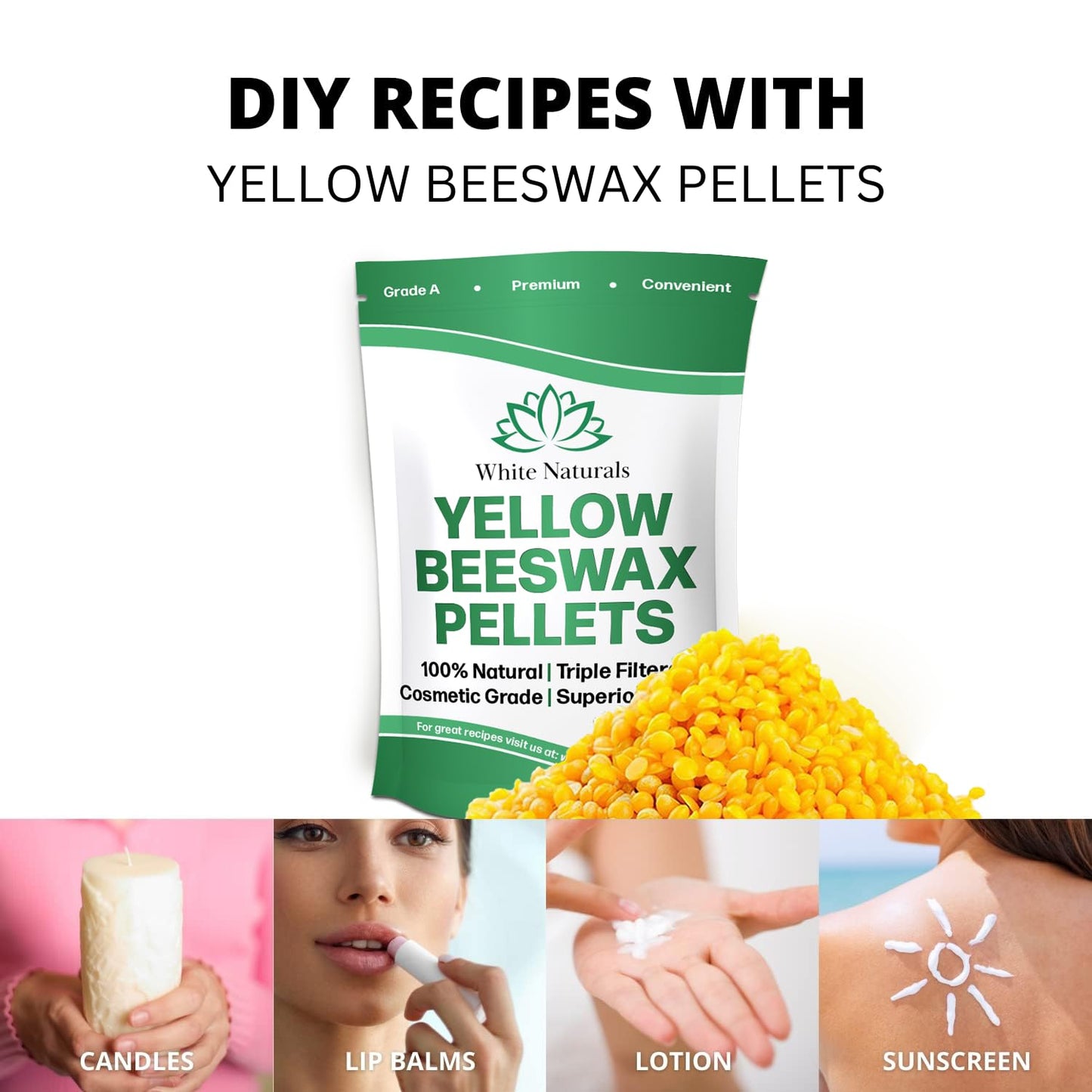 Yellow Beeswax Pellets 2lb (1lb in Each Bag), Pure, Natural, Cosmetic Grade, Organic, Bees Wax Pastilles, 3X Filtered, Great For Candle Making, Soaps, DIY Lip Balms, Lotions By White Naturals