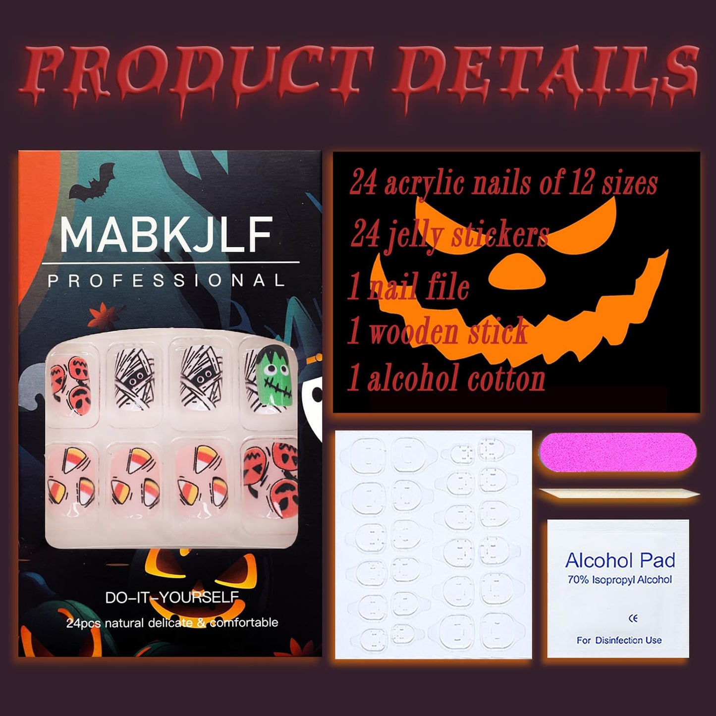 Halloween Press on Nails Short Square Petite Fake Nails Full Cover Little Monster False Nails with Pumpkin Mummy Designs Cute Acrylic Nails Glossy Glue on Nails Artificial Nails for Women Girls 24Pcs