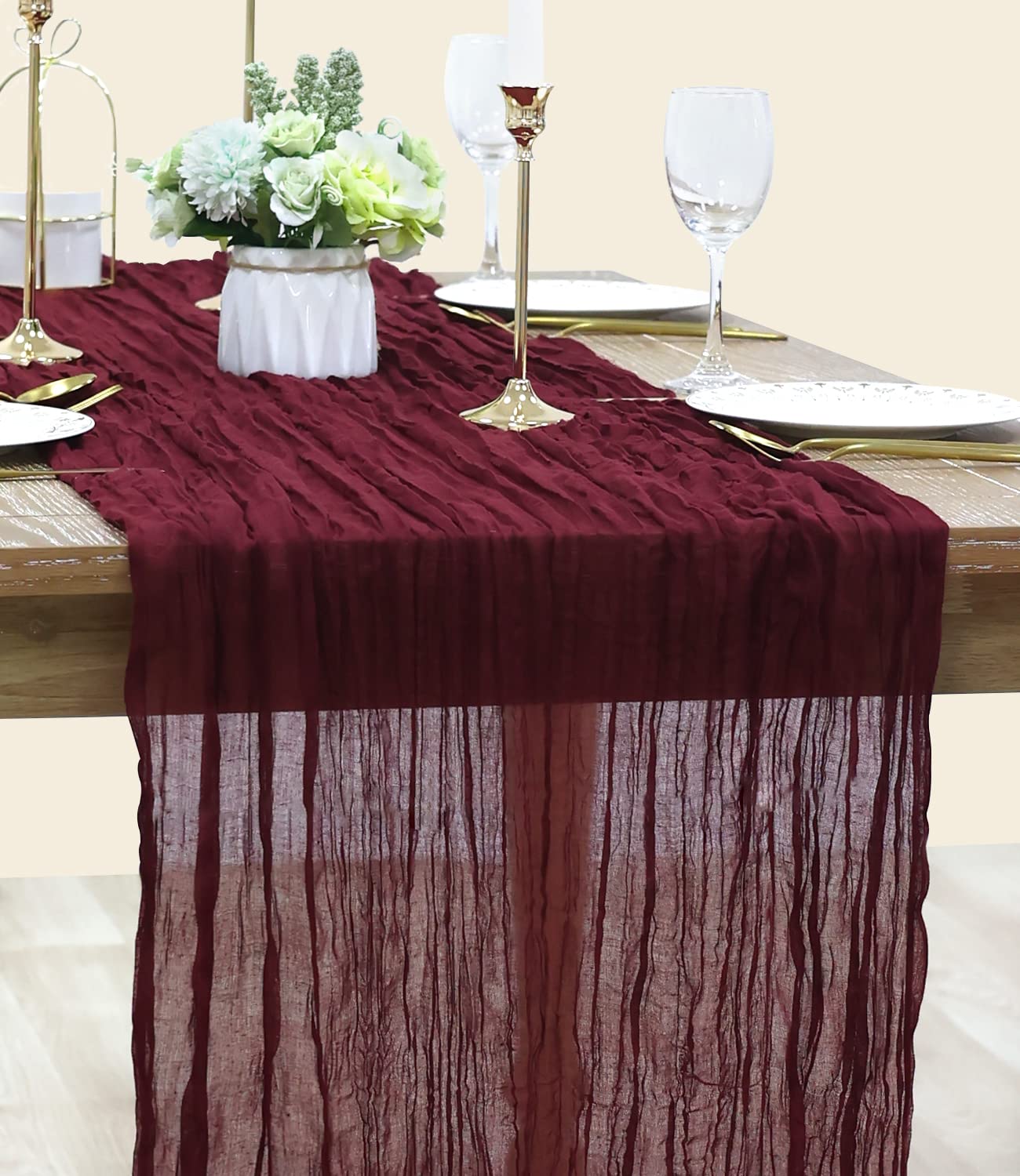 Socomi Cheesecloth Table Runner 10ft Gauze Boho Rustic Burgundy Cheese Cloth Table Runner for Wedding Bridal Shower Fall Thanskgiving Decoration