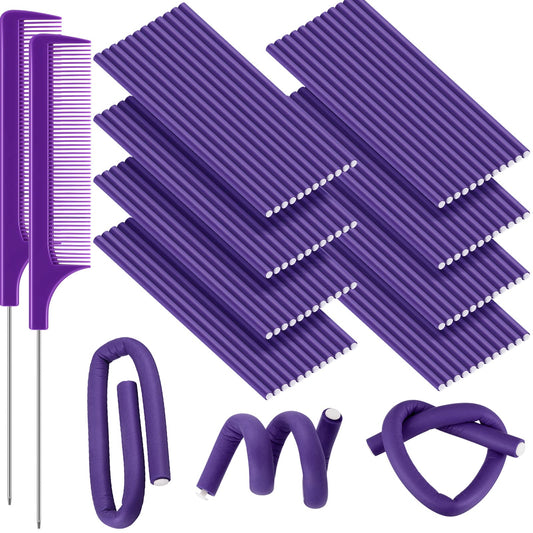 Tigeen 96 Pieces Flexible Curling Rods 9.45 Inch Soft Twist Foam Hair Curling Rollers No Heat Hair Rods Rollers with 2 Pieces Rat Tail Comb (0.3 In, Purple)