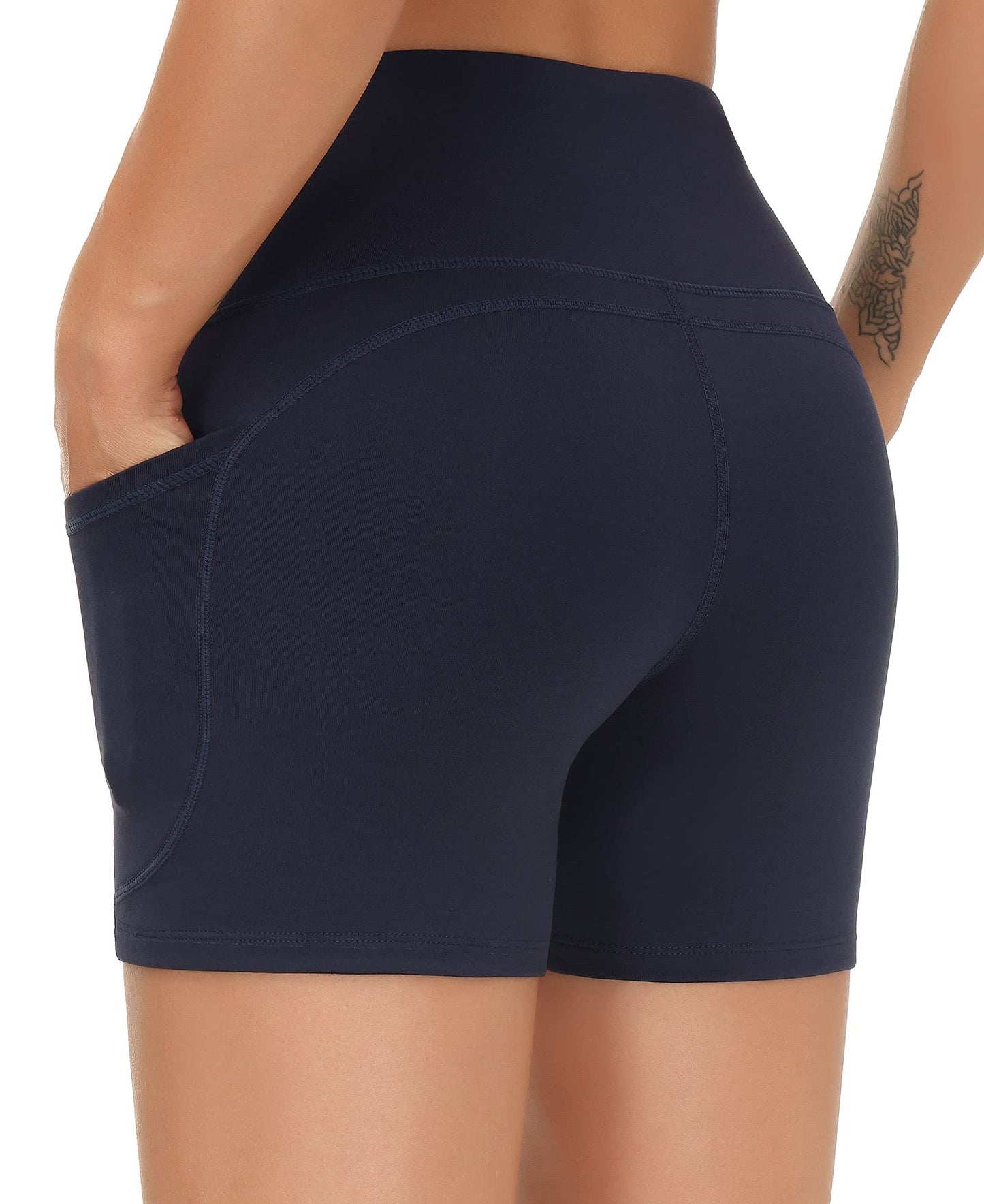 THE GYM PEOPLE High Waist Yoga Shorts for Women's Tummy Control Fitness Athletic Workout Running Shorts with Deep Pockets (Small, Navy Blue)