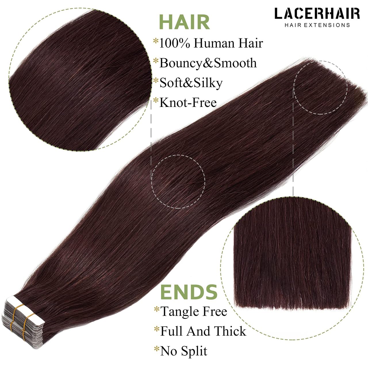 Lacer Wine Tape in Hair Extensions Human Hair Burgundy Double Sided Silky Straight Seamless Skin Weft 100% Virgin Burgundy Tape in Human Hair Extensions 50g 20pcs 16 Inch #99J